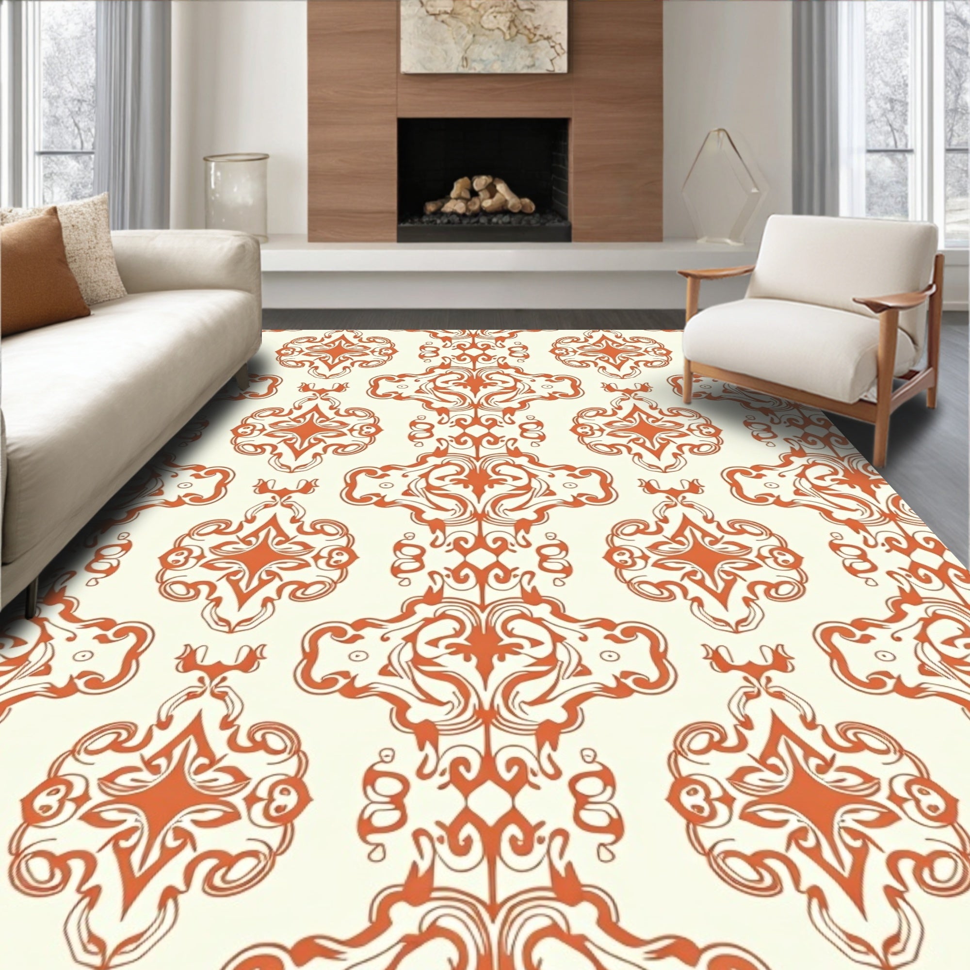 Orange White Ornate Scroll Pattern Rug