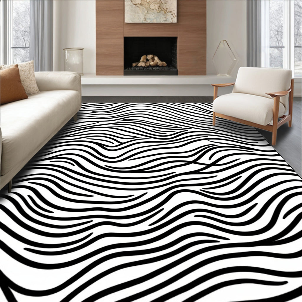 Black White Wavy Stripe Pattern Rug