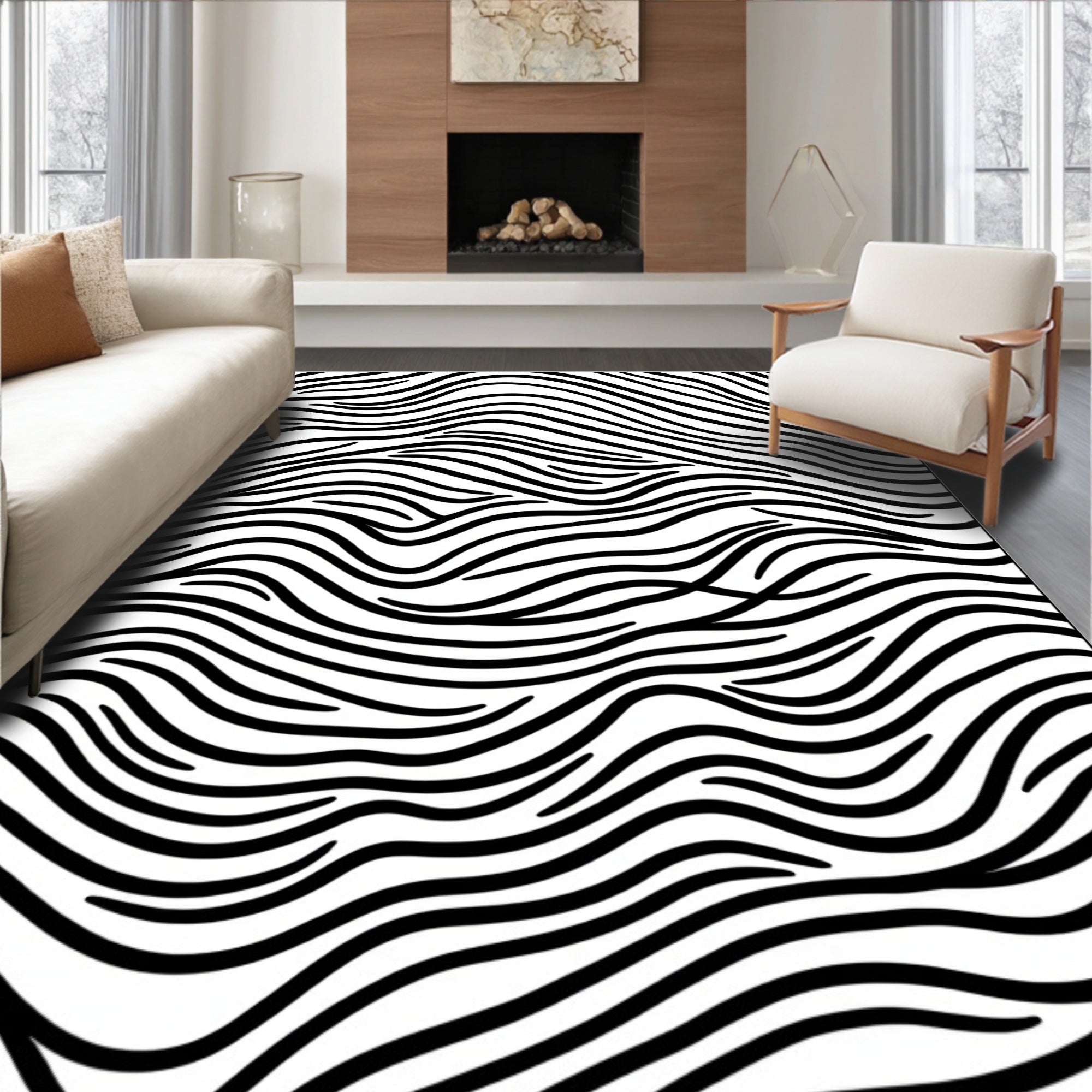 Black White Wavy Stripe Pattern Rug