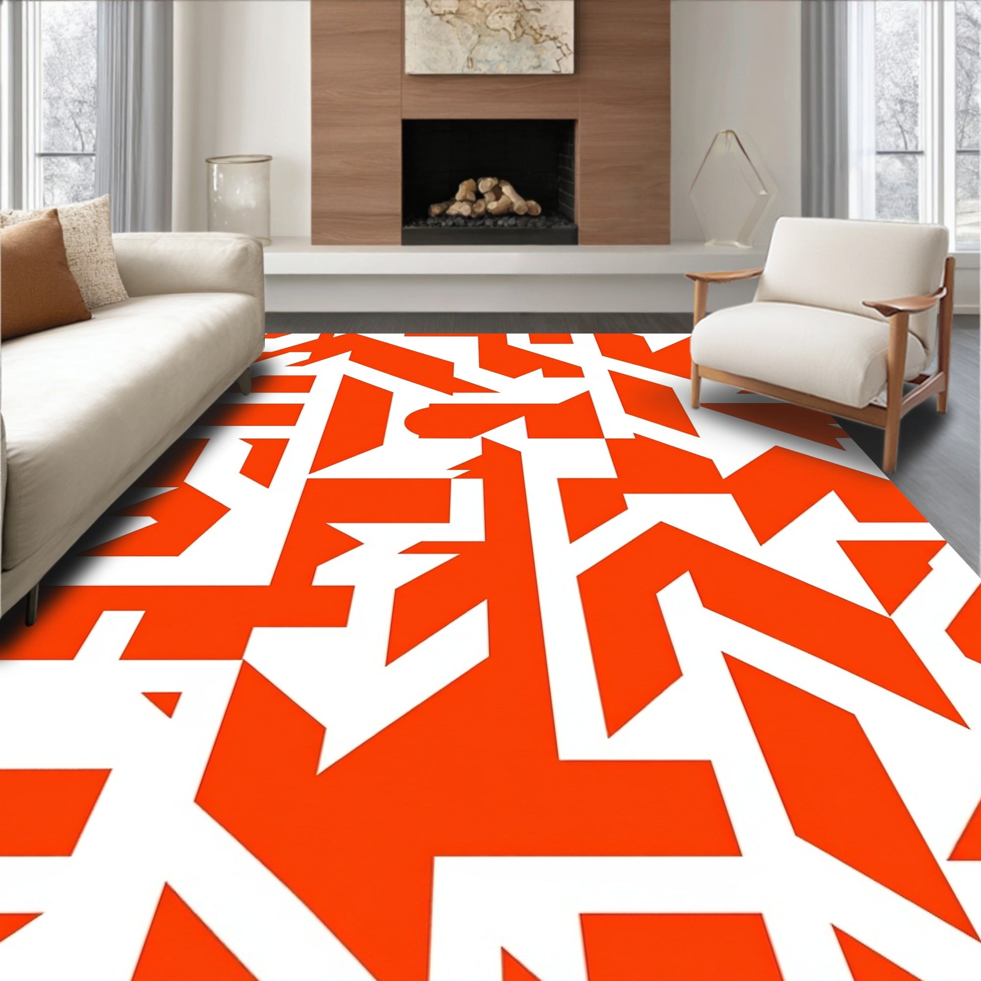 Bold Geometric Orange and White Abstract Rug