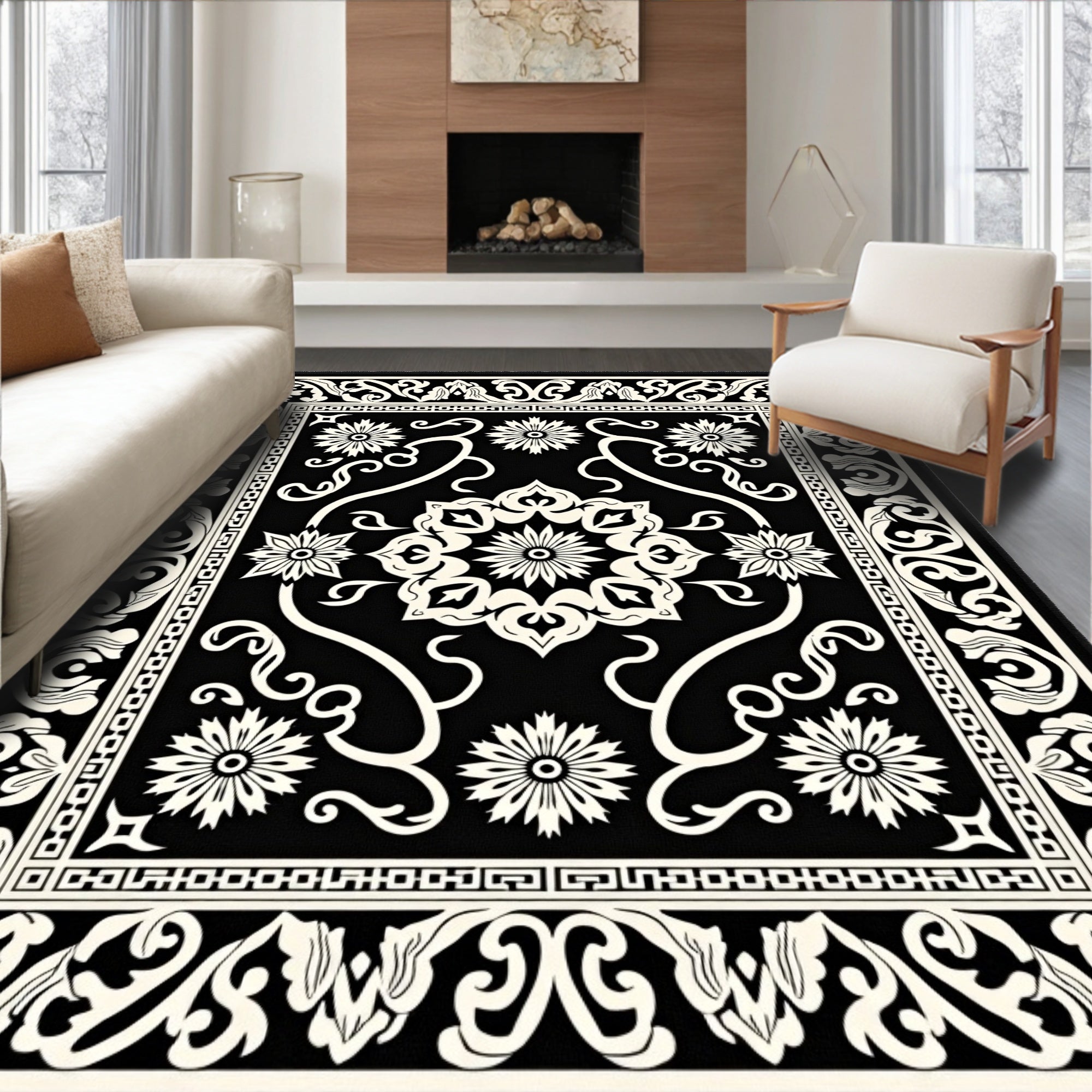 Black White Floral Scrollwork Medina Rug
