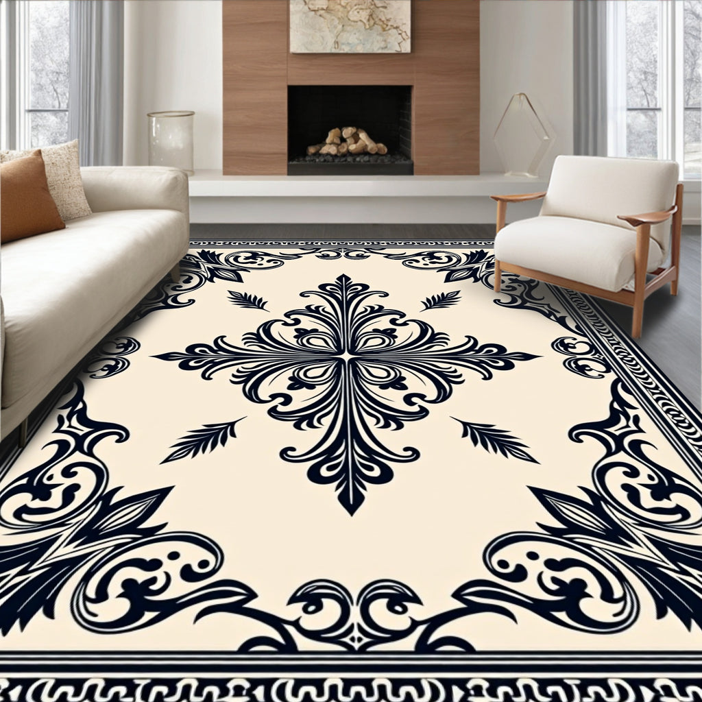 Ornate Black Cream Floral Pattern Rug