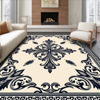 Ornate Black Cream Floral Pattern Rug
