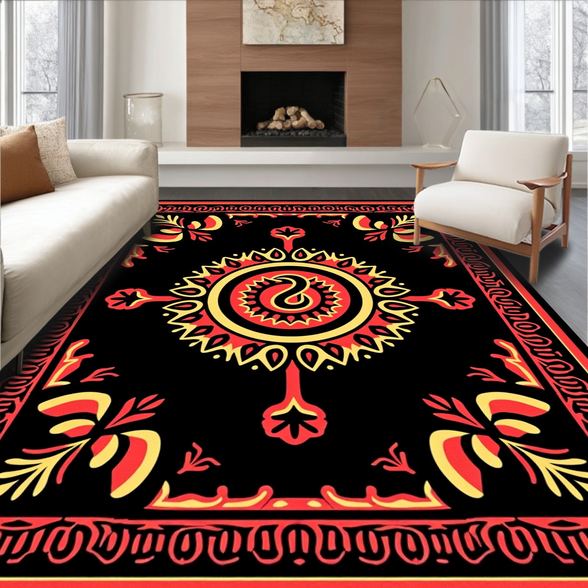 Bold Red Yellow Circular Tribal Design Rug