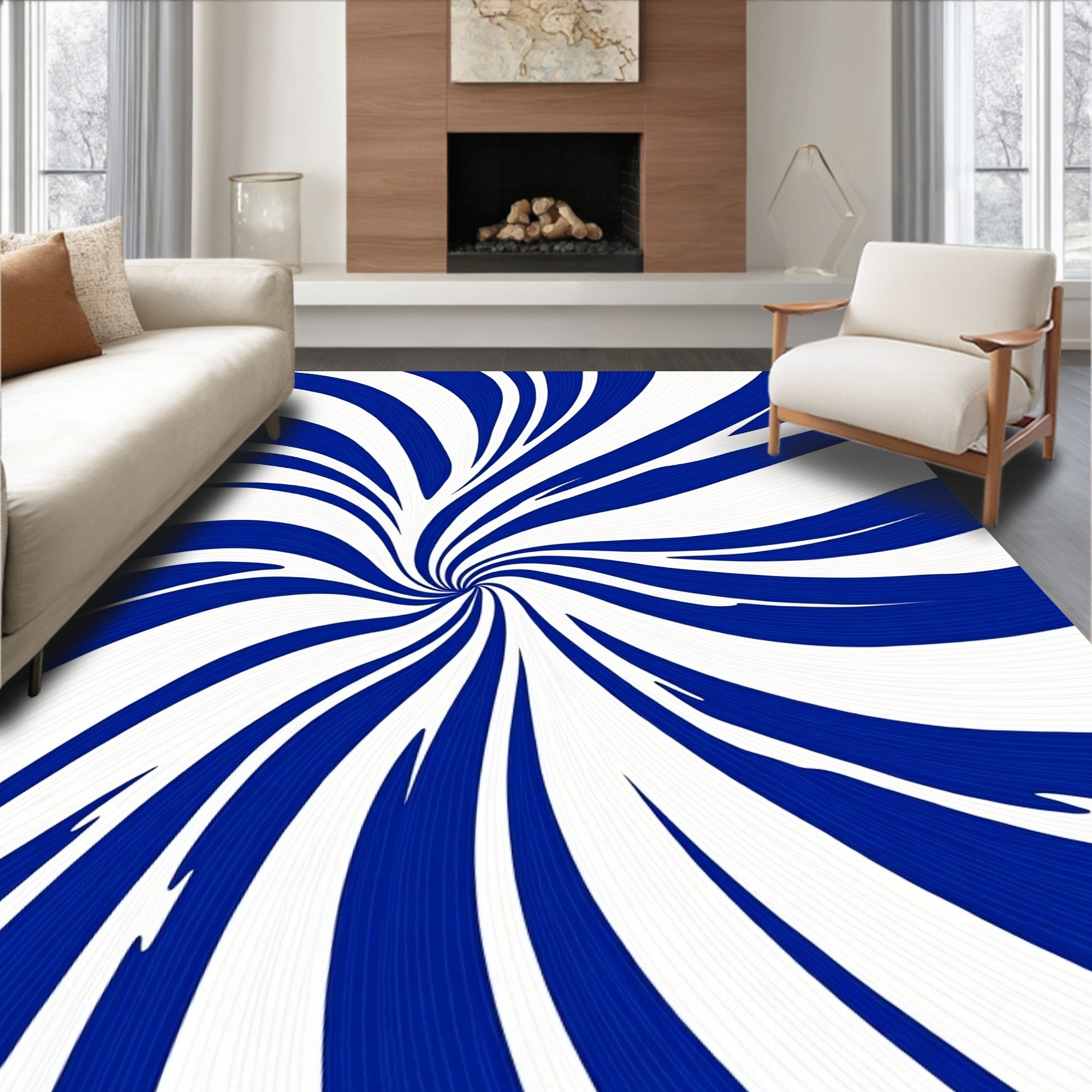 Swirling Blue And White Stripe Pattern Rug