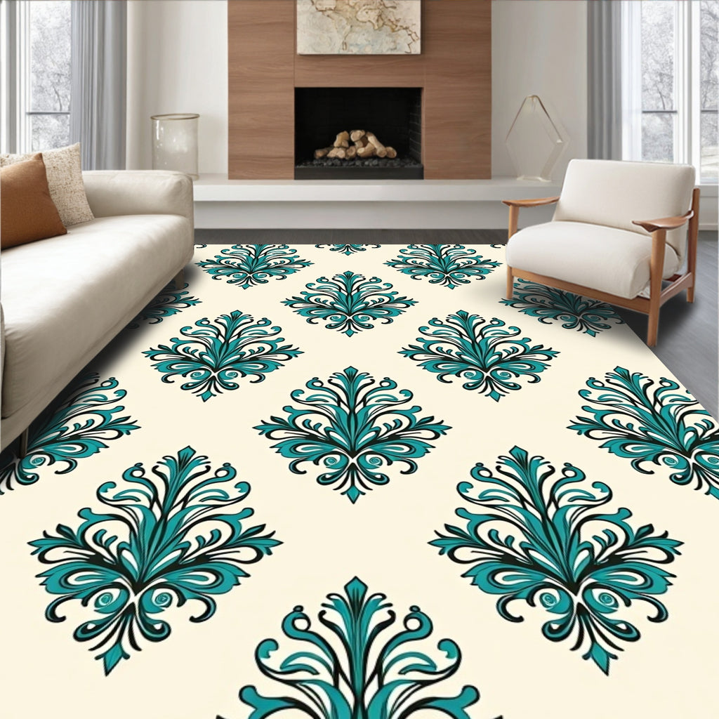 Teal Floral Damask Pattern Rug