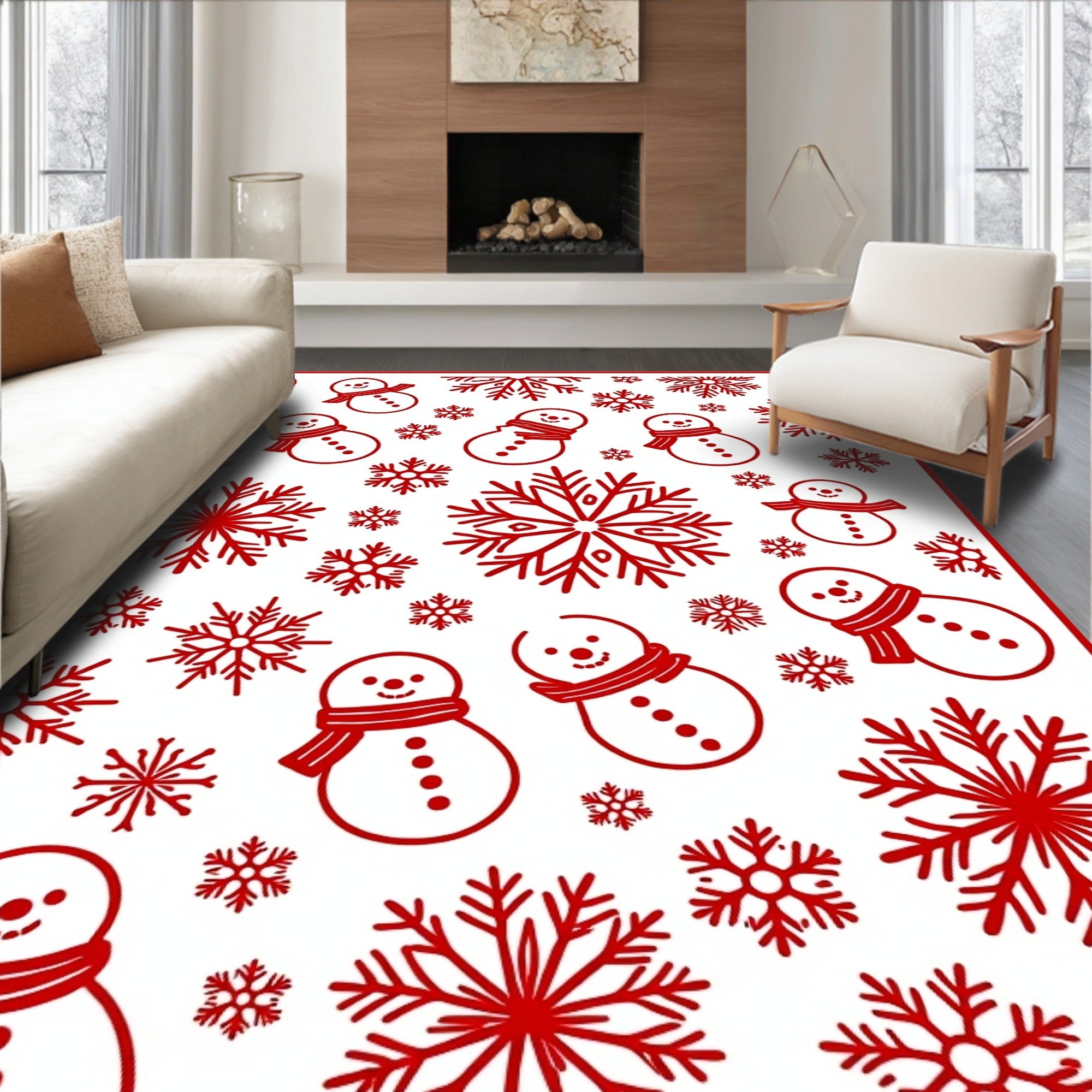 Red Snowman Snowflake Holiday Collection Rug