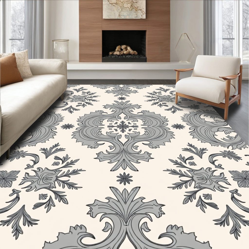Ornate Grey Floral Damask Pattern Rug