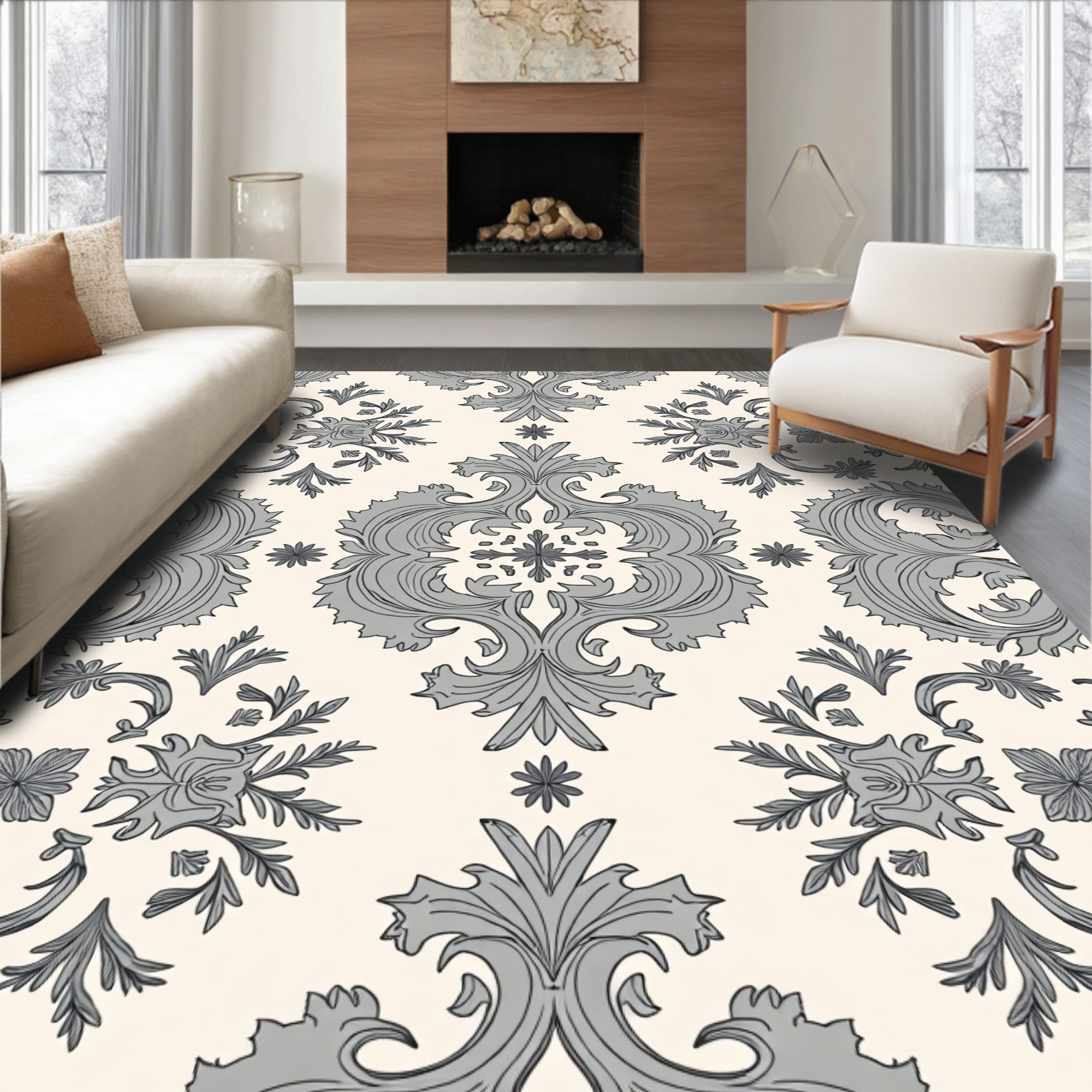Ornate Grey Floral Damask Pattern Rug