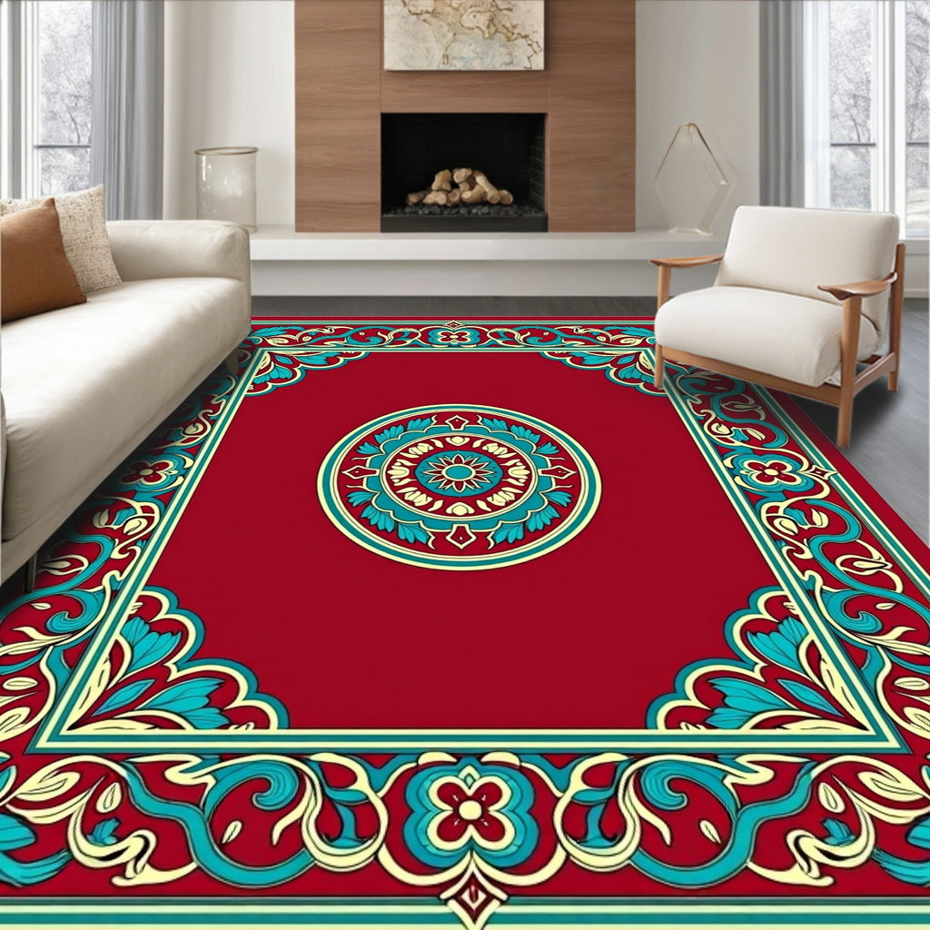 Ornamental Floral Border Medallion Design Rug