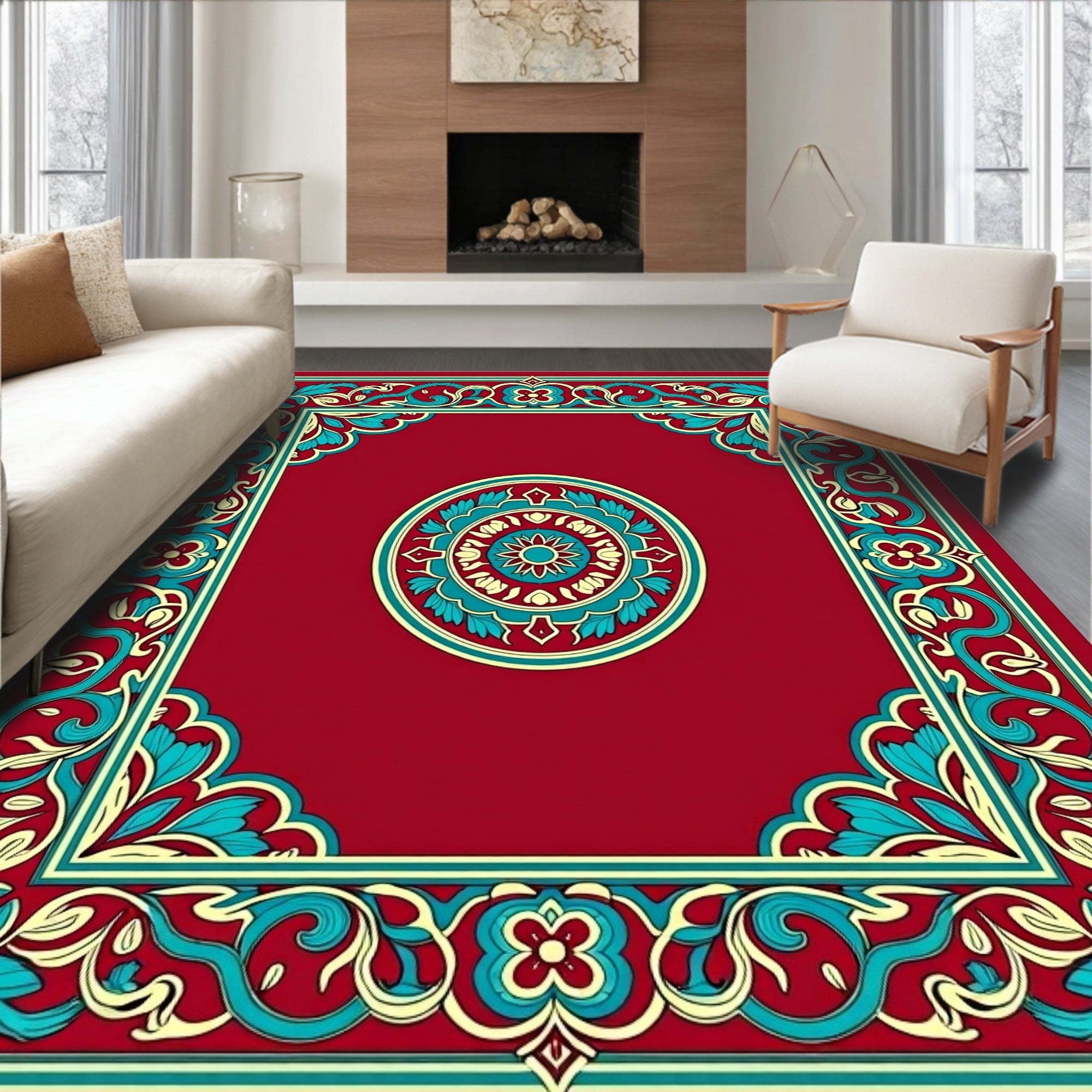 Ornamental Floral Border Medallion Design Rug