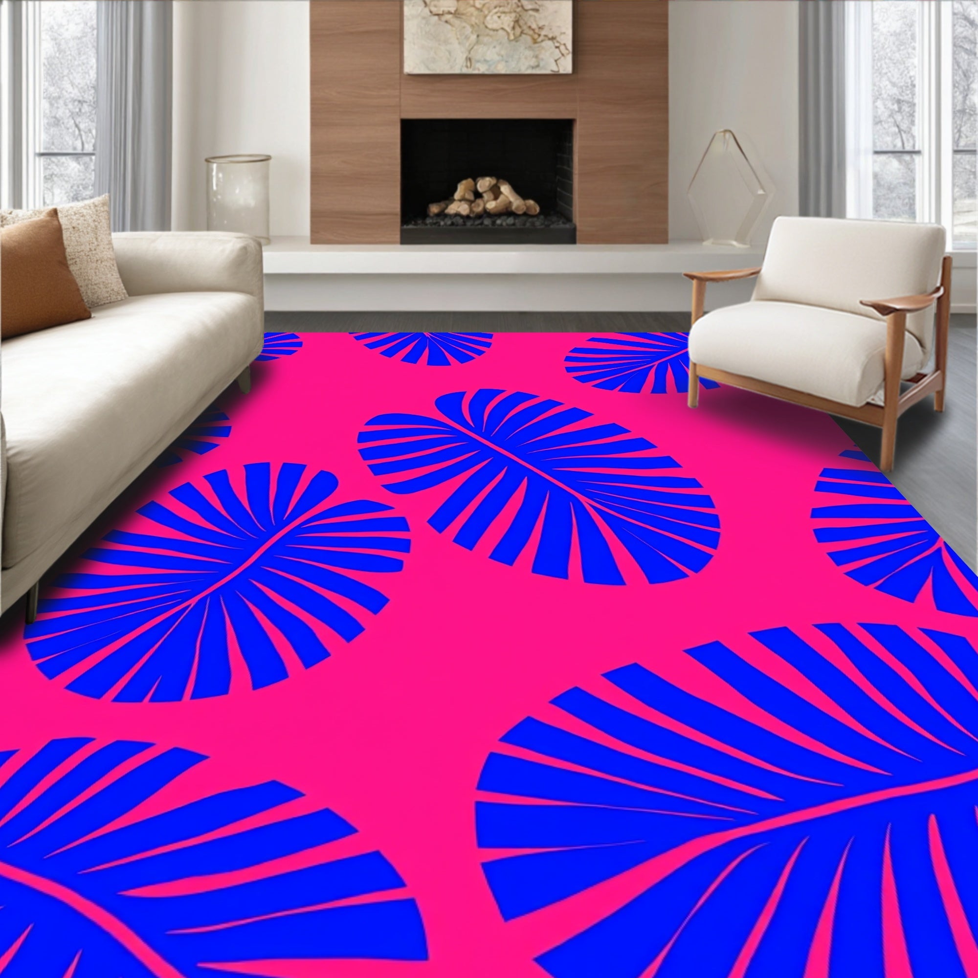 Bold Blue Leaf Pattern Rug