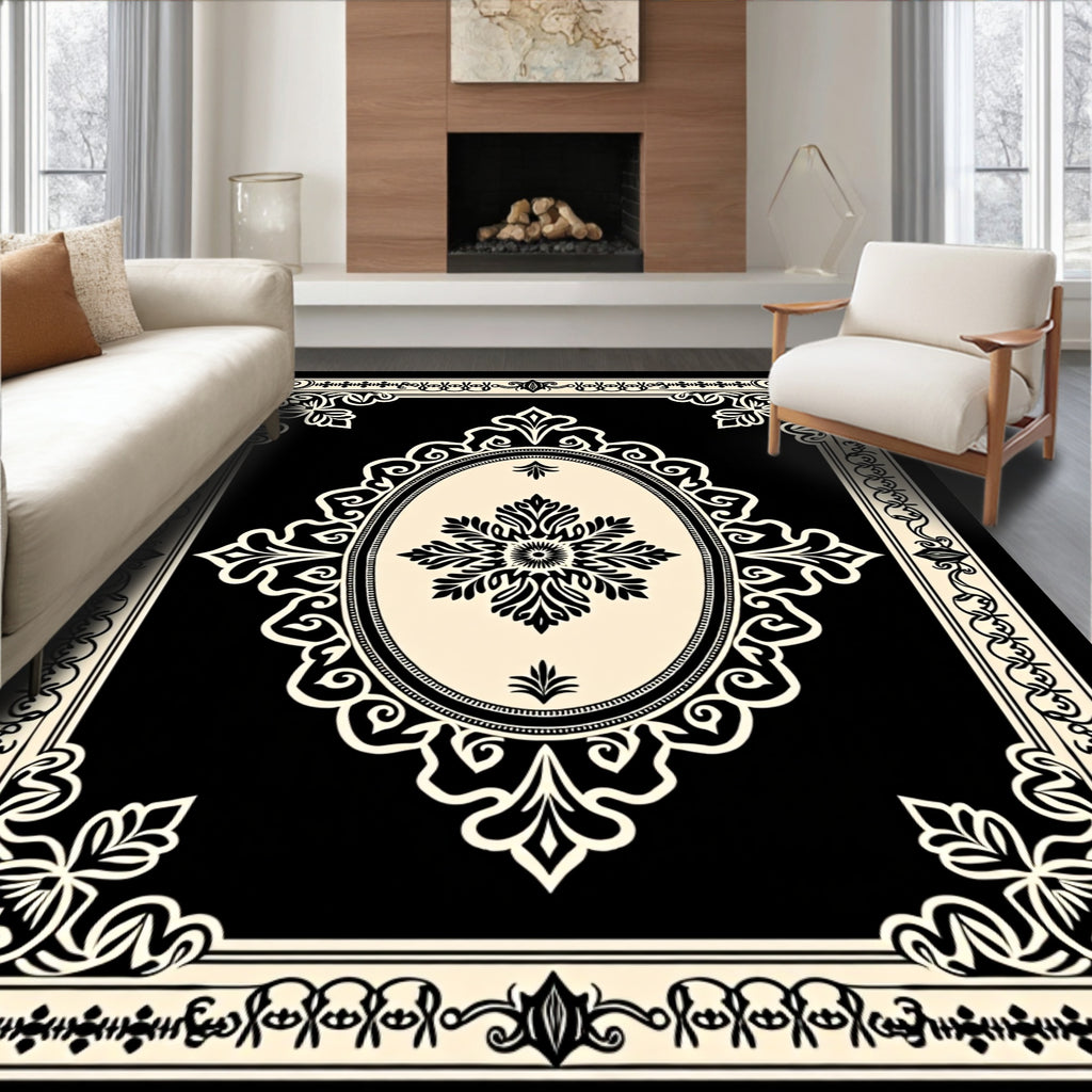 Elegant Black Cream Floral Scroll Rug