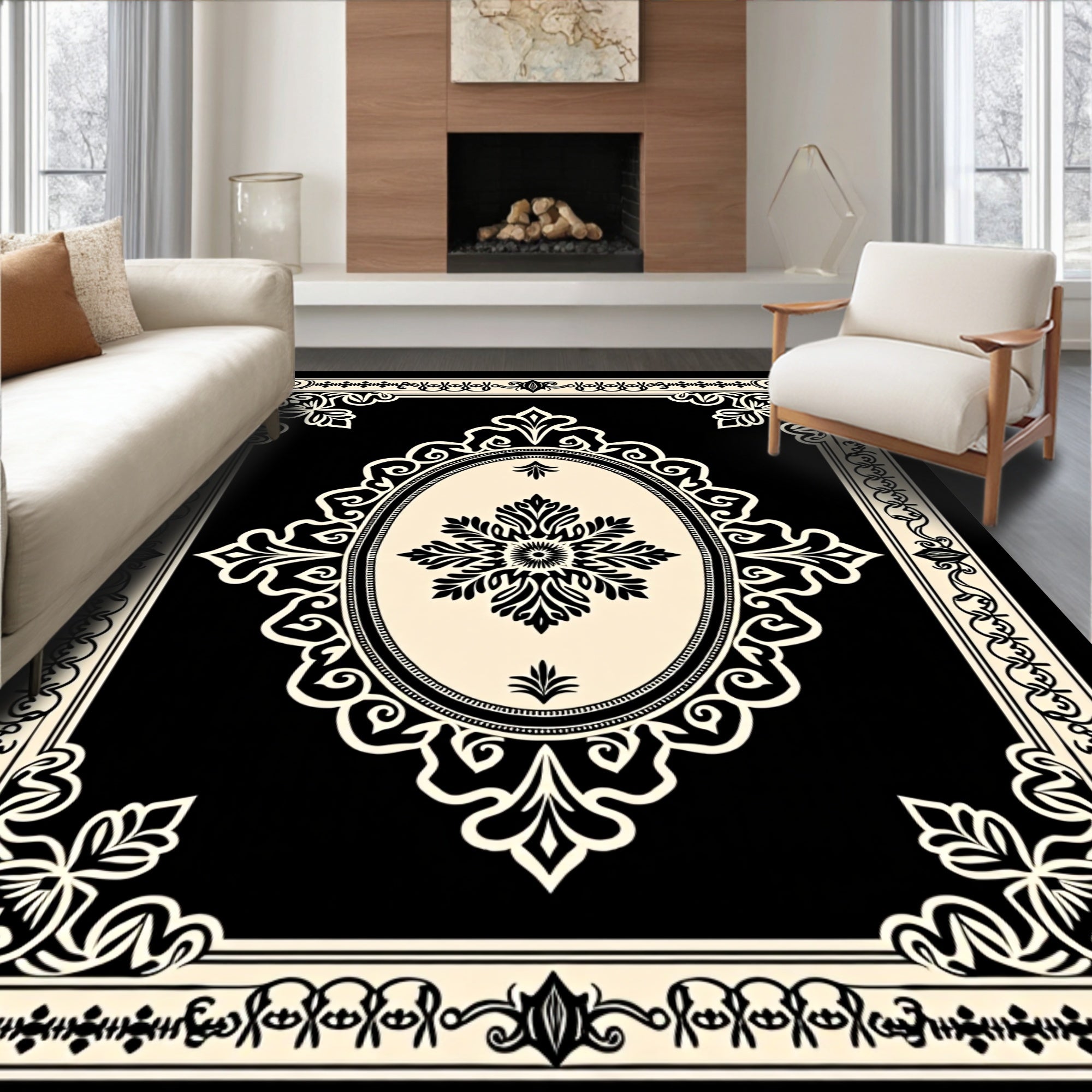 Elegant Black Cream Floral Scroll Rug