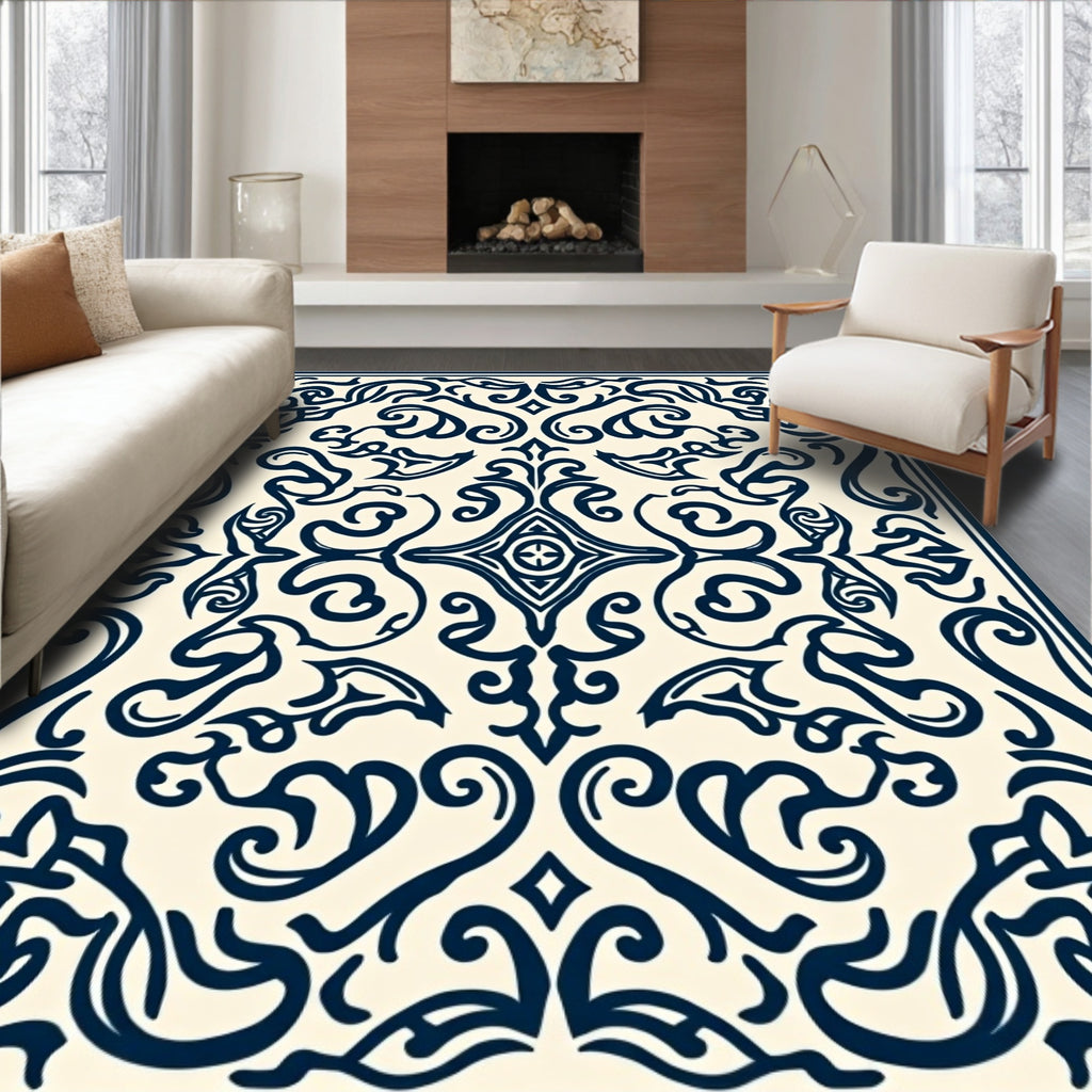 Dark Blue Scrollwork Abstract Pattern Rug