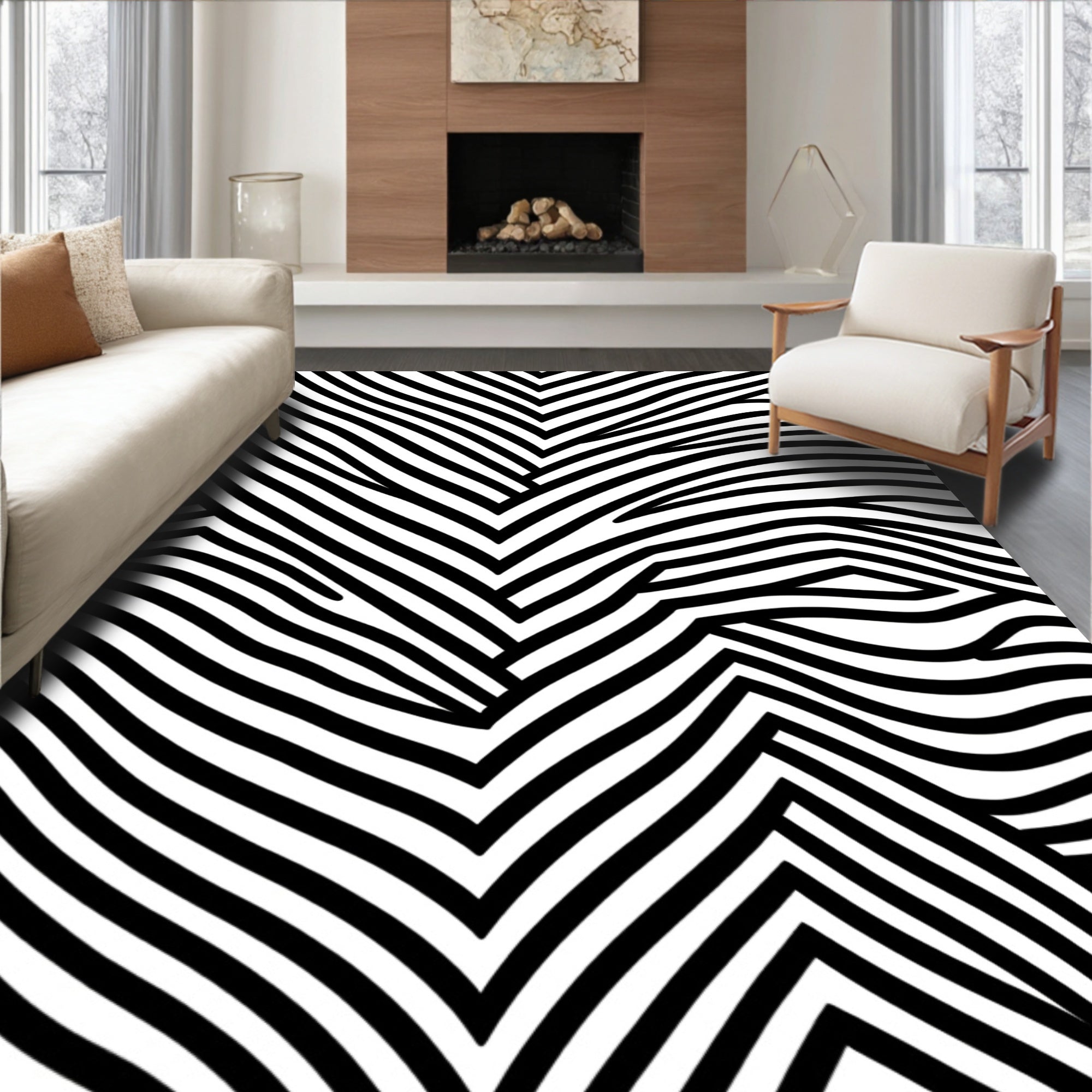 Bold Black White Striped Abstract Rug
