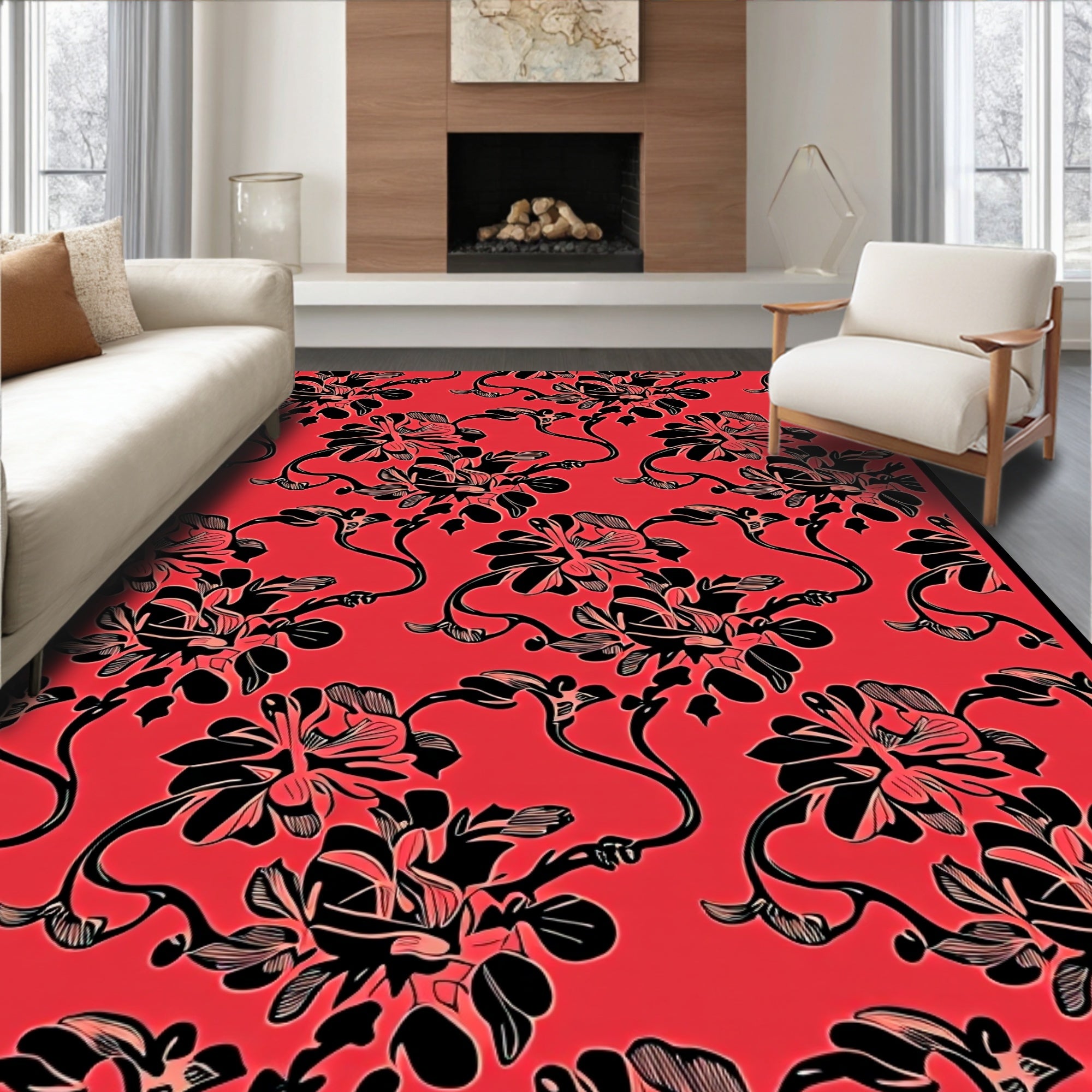 Bold Floral Silhouette Red Rug