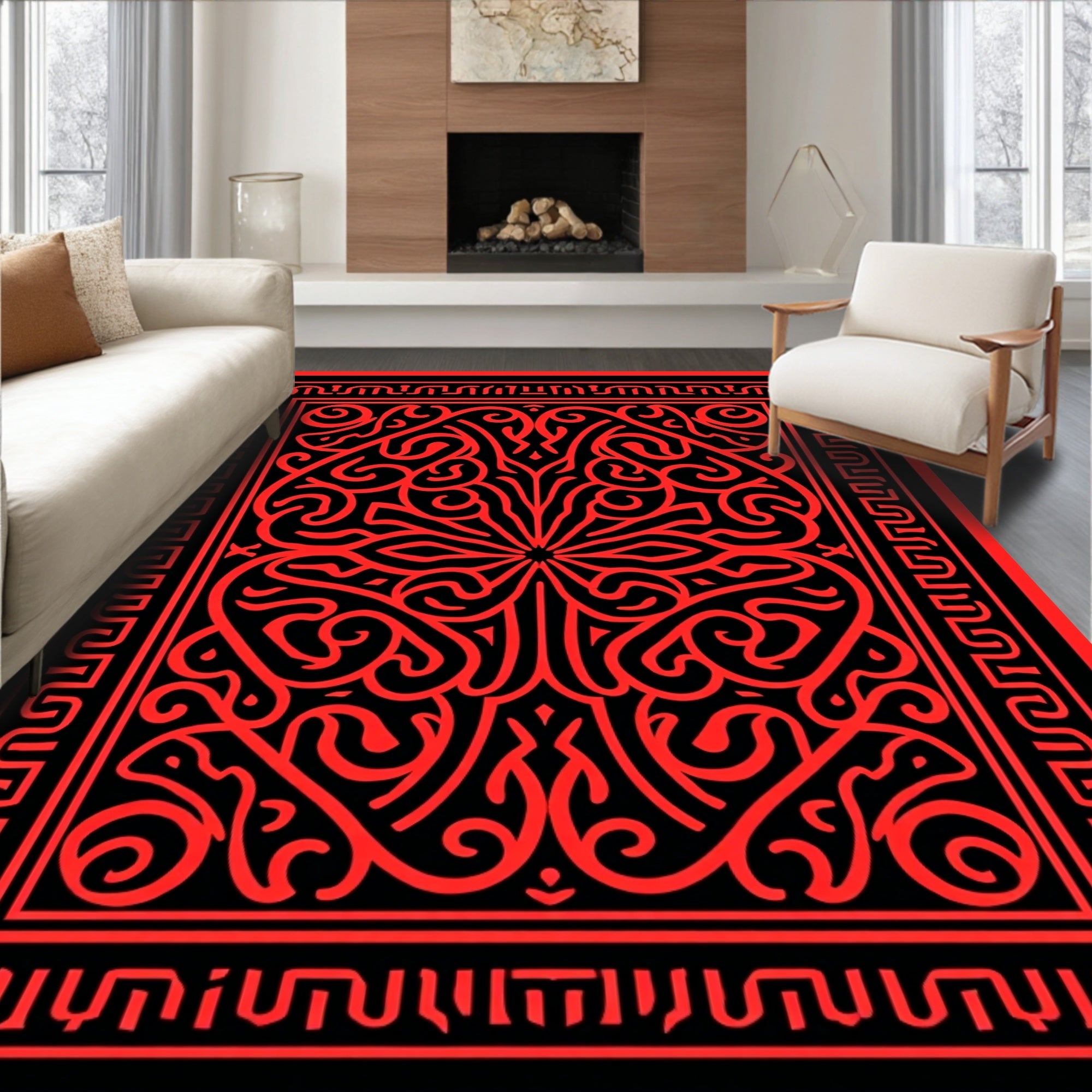 Bold Red Black Intricate Floral Design Rug