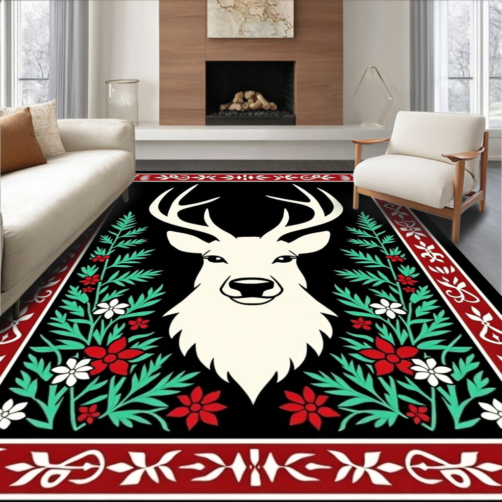 White Stag Red Floral Border Rug