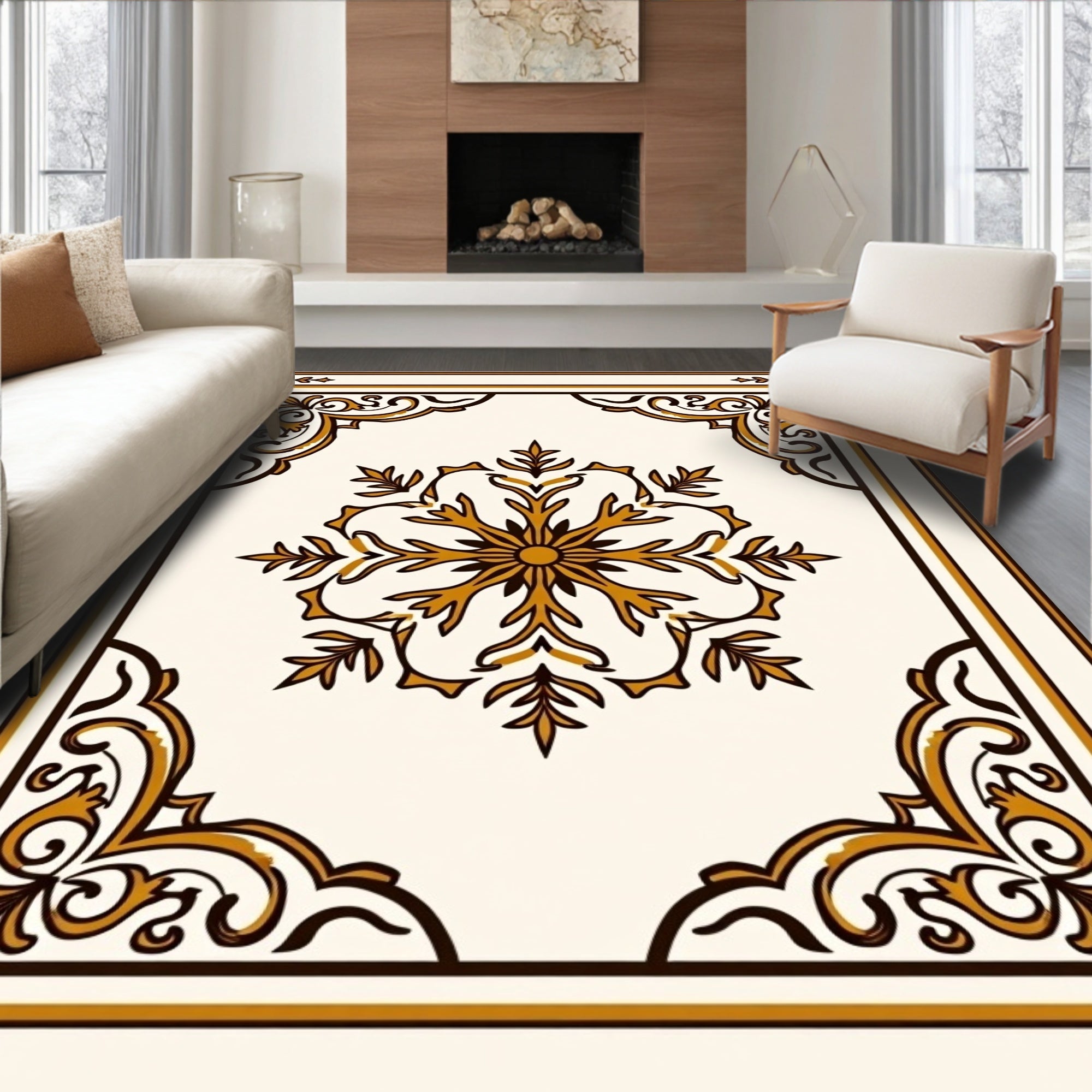 Ornate Golden Floral Medallion Rug