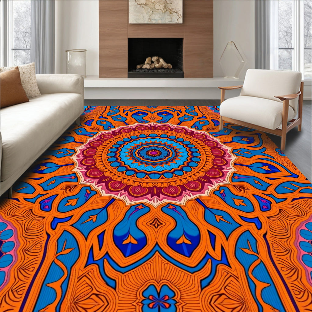 Intricate Mandala Orange Blue Design Rug