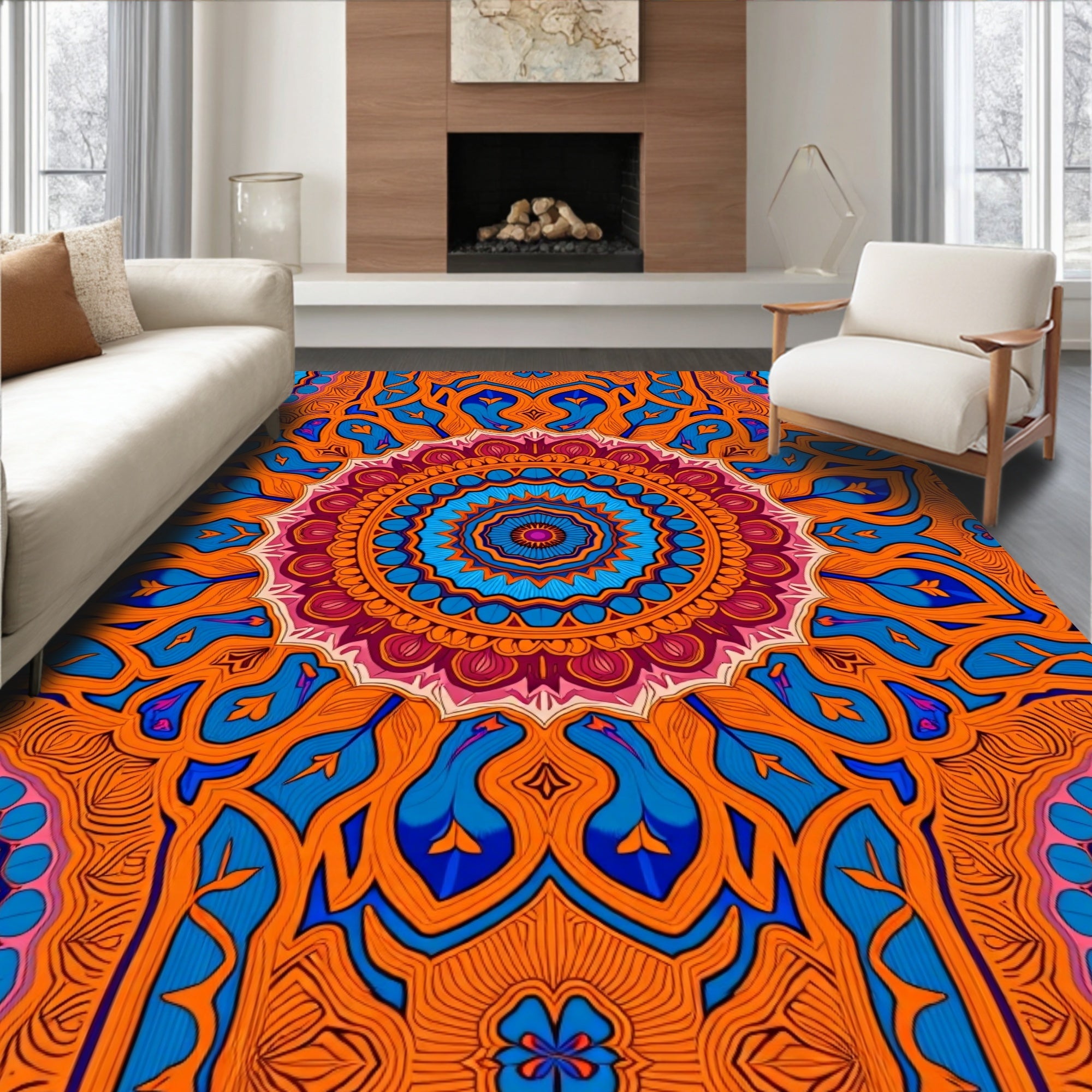 Intricate Mandala Orange Blue Design Rug