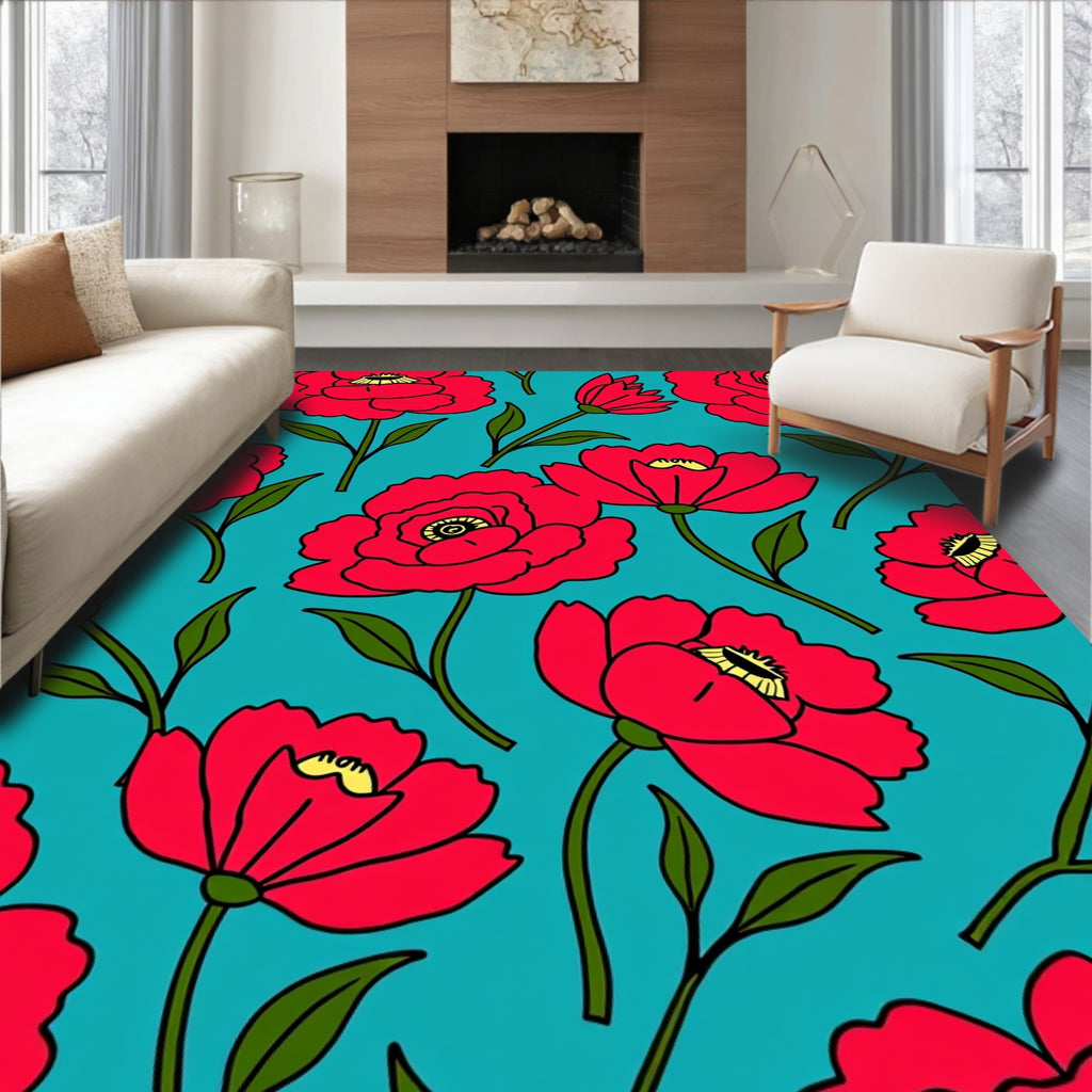Bold Red Poppy Floral Pattern Rug