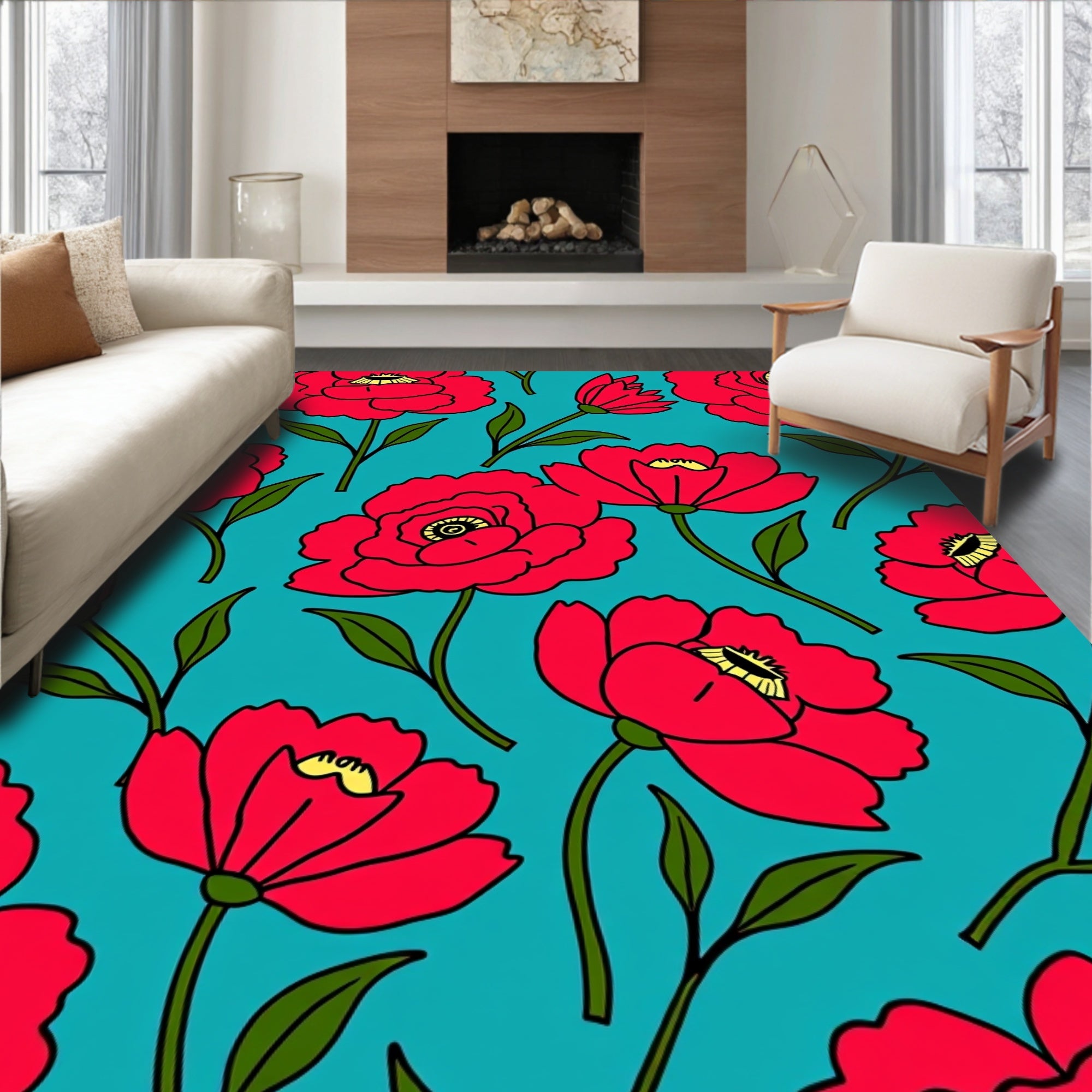 Bold Red Poppy Floral Pattern Rug