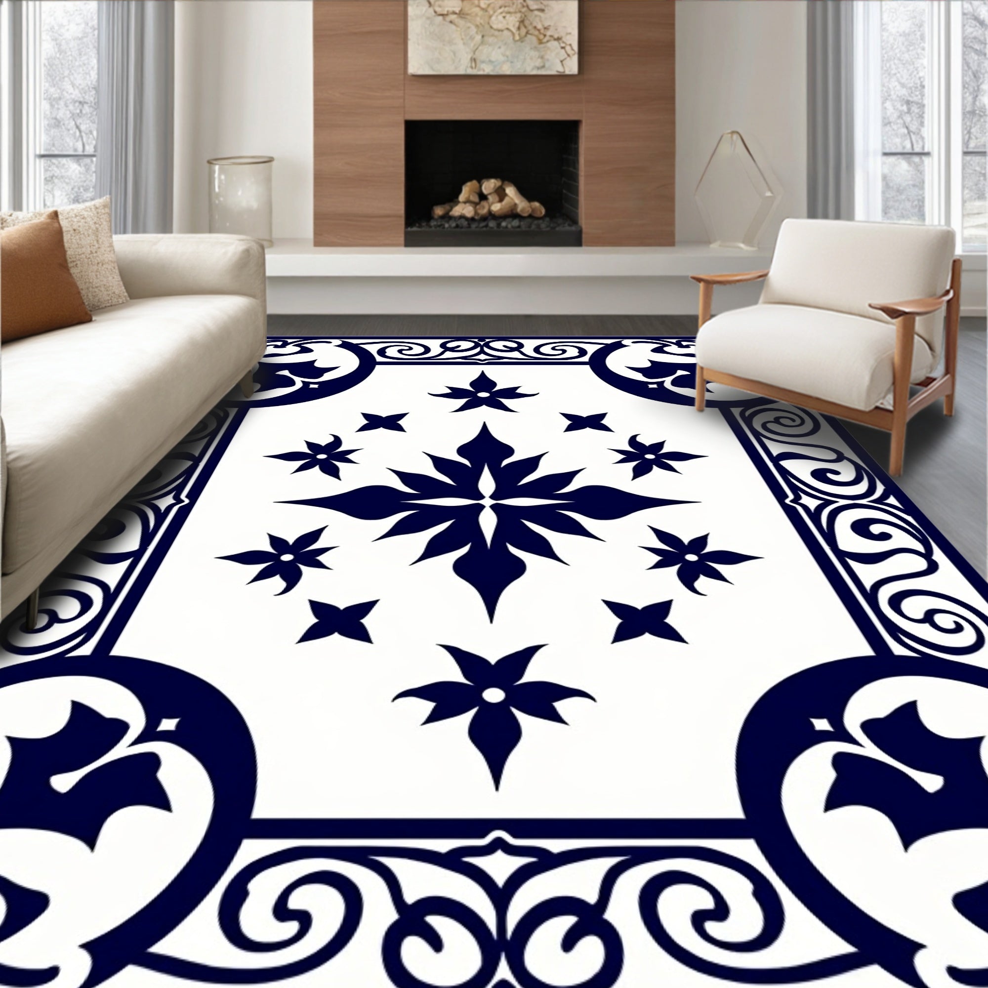 Classic Navy Floral Medallion Pattern Rug