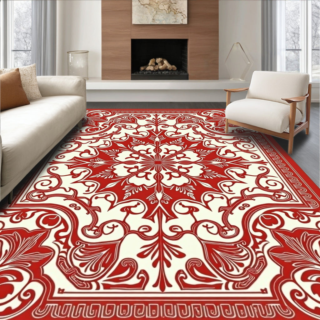 Red Floral Swirls Mandala Pattern Rug