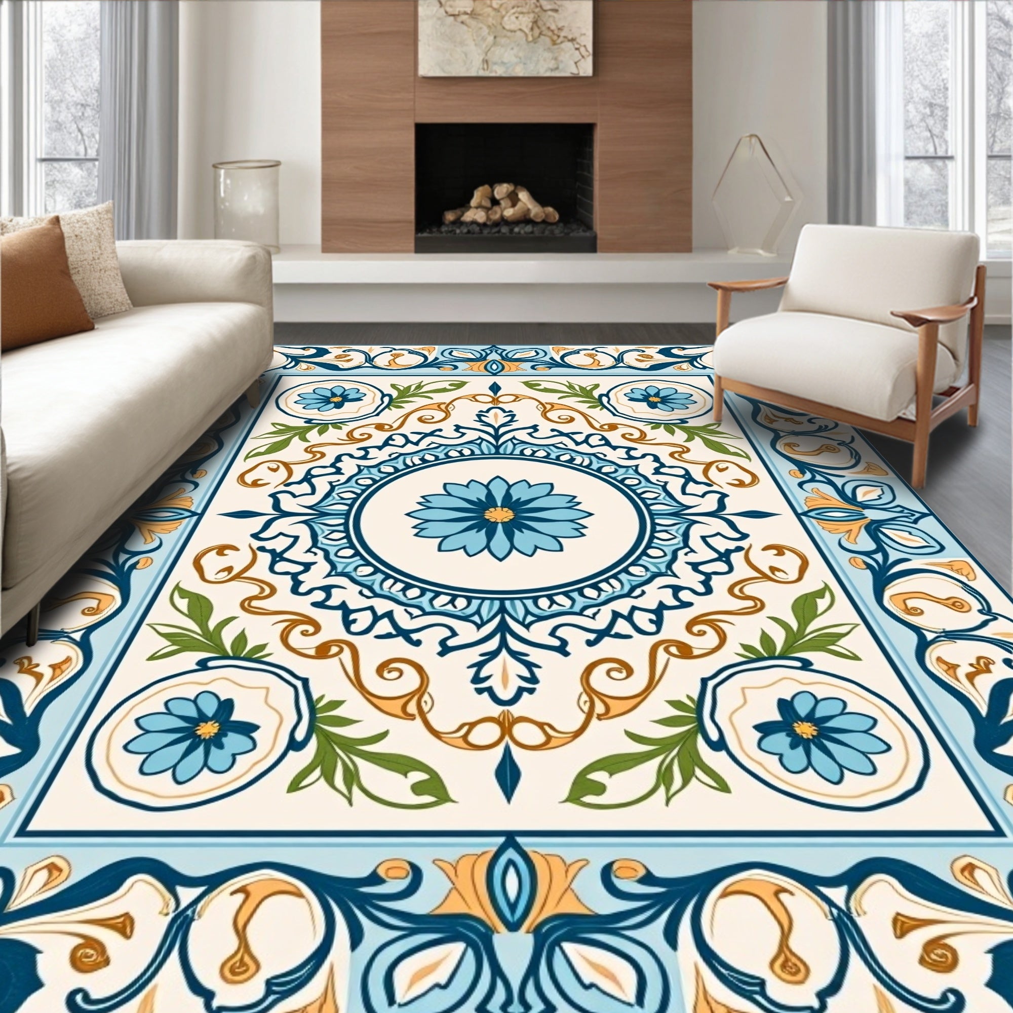 Floral Mandala Blue Gold Rug