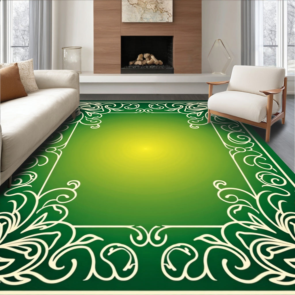 Green White Elegant Scrollwork Pattern Rug