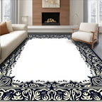 Ornate Floral Dark Navy Ivory Border Rug