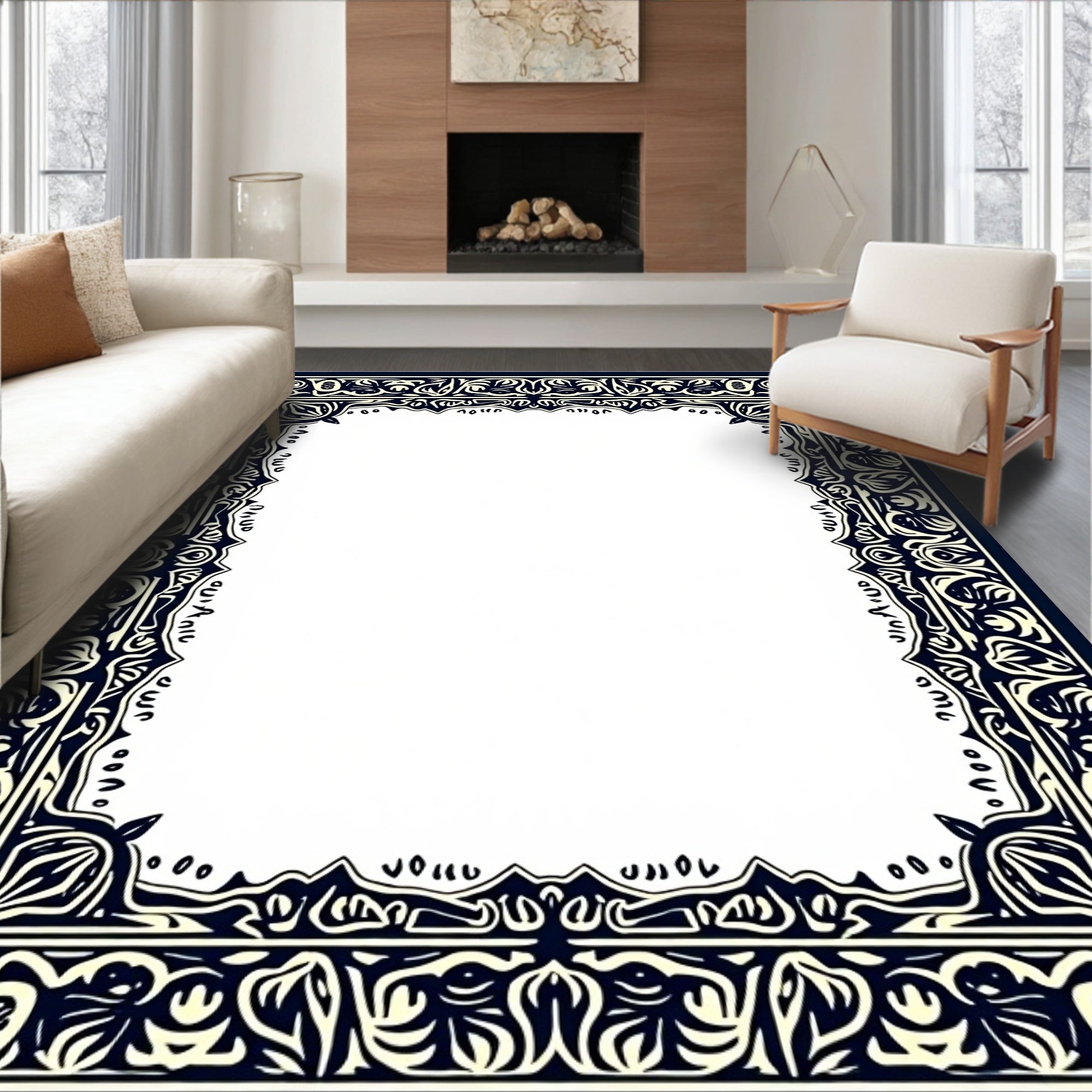 Ornate Floral Dark Navy Ivory Border Rug