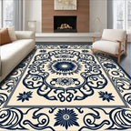 Navy Floral Intricate Centerpiece Border Rug