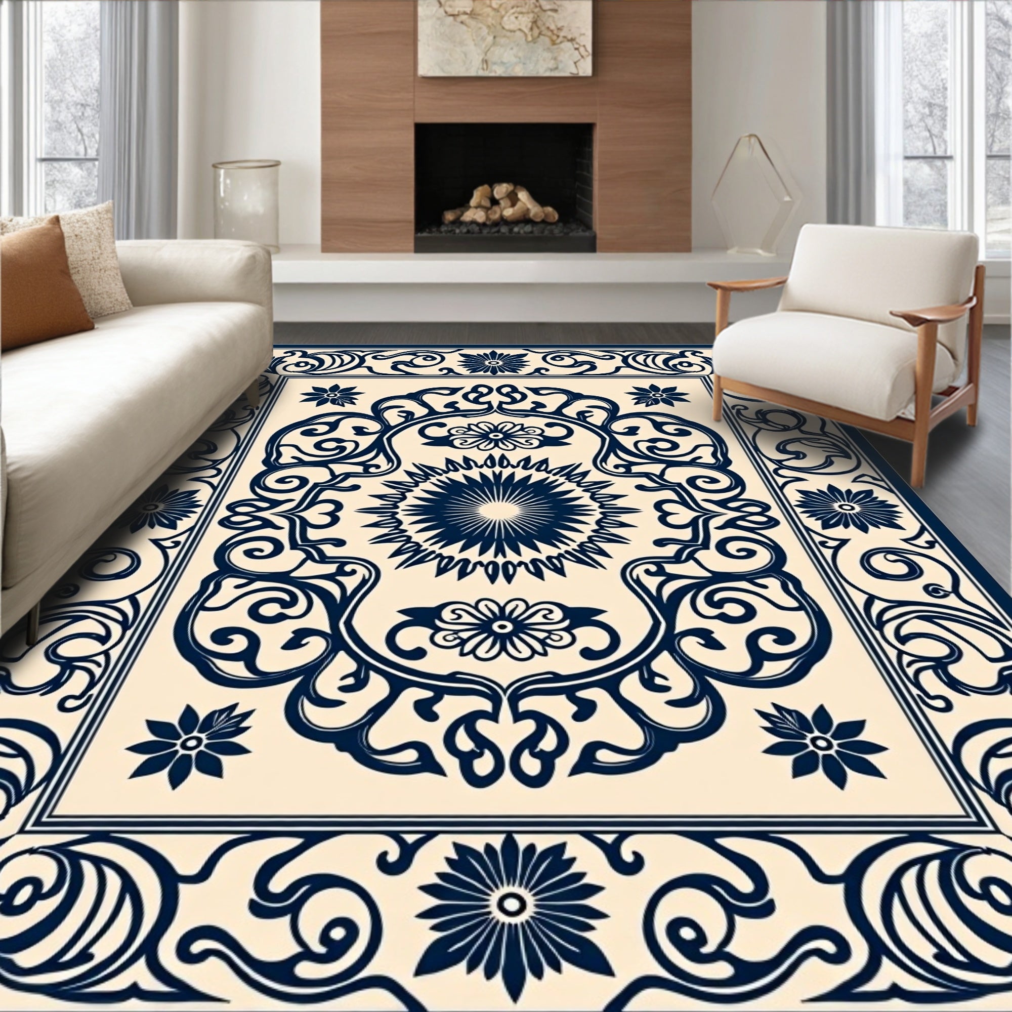 Navy Floral Intricate Centerpiece Border Rug