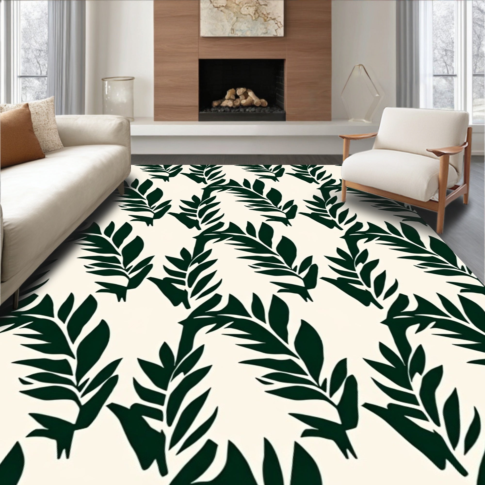 Dark Green Leaf Patterned Rug