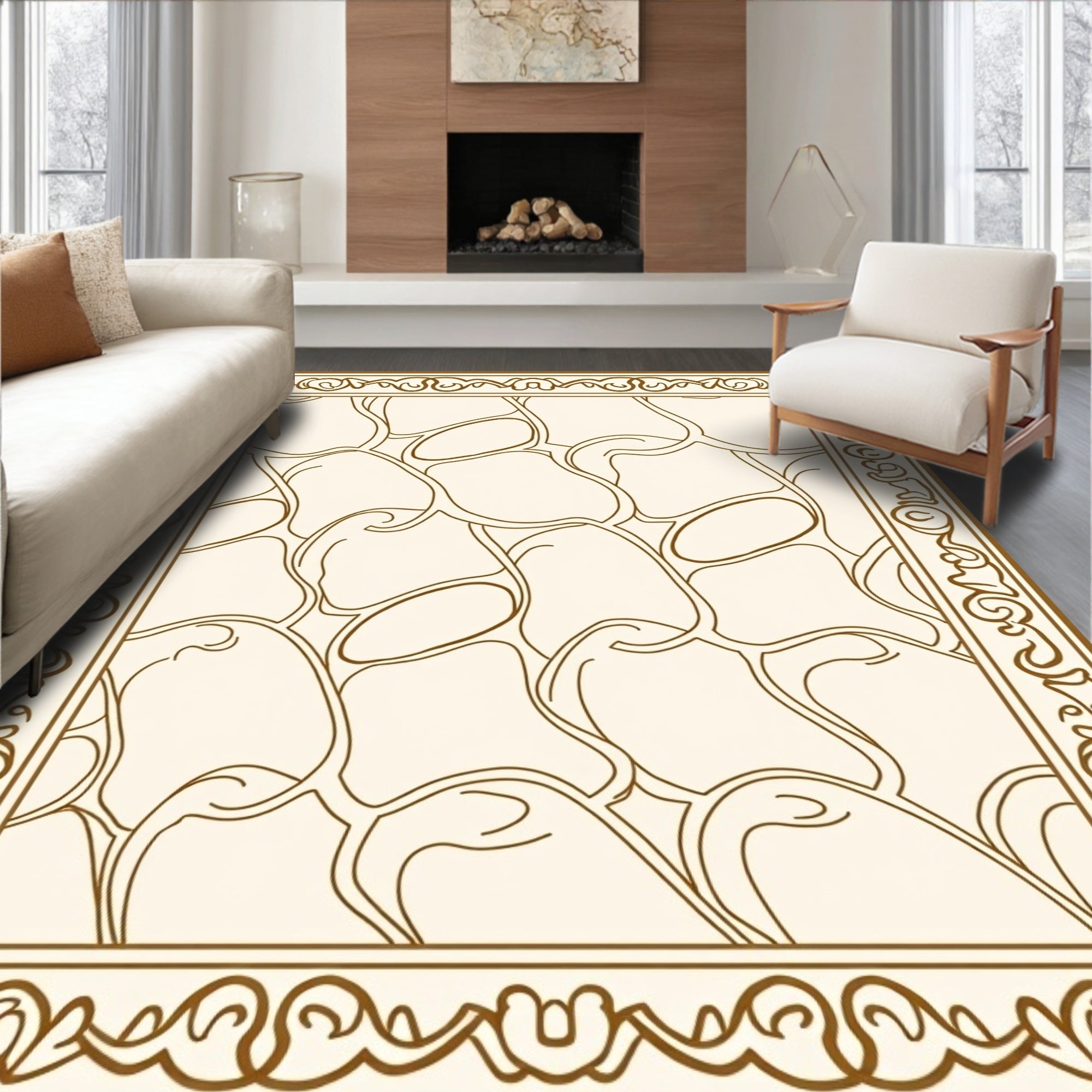 Stylized Organic Patterned Bordered Rug