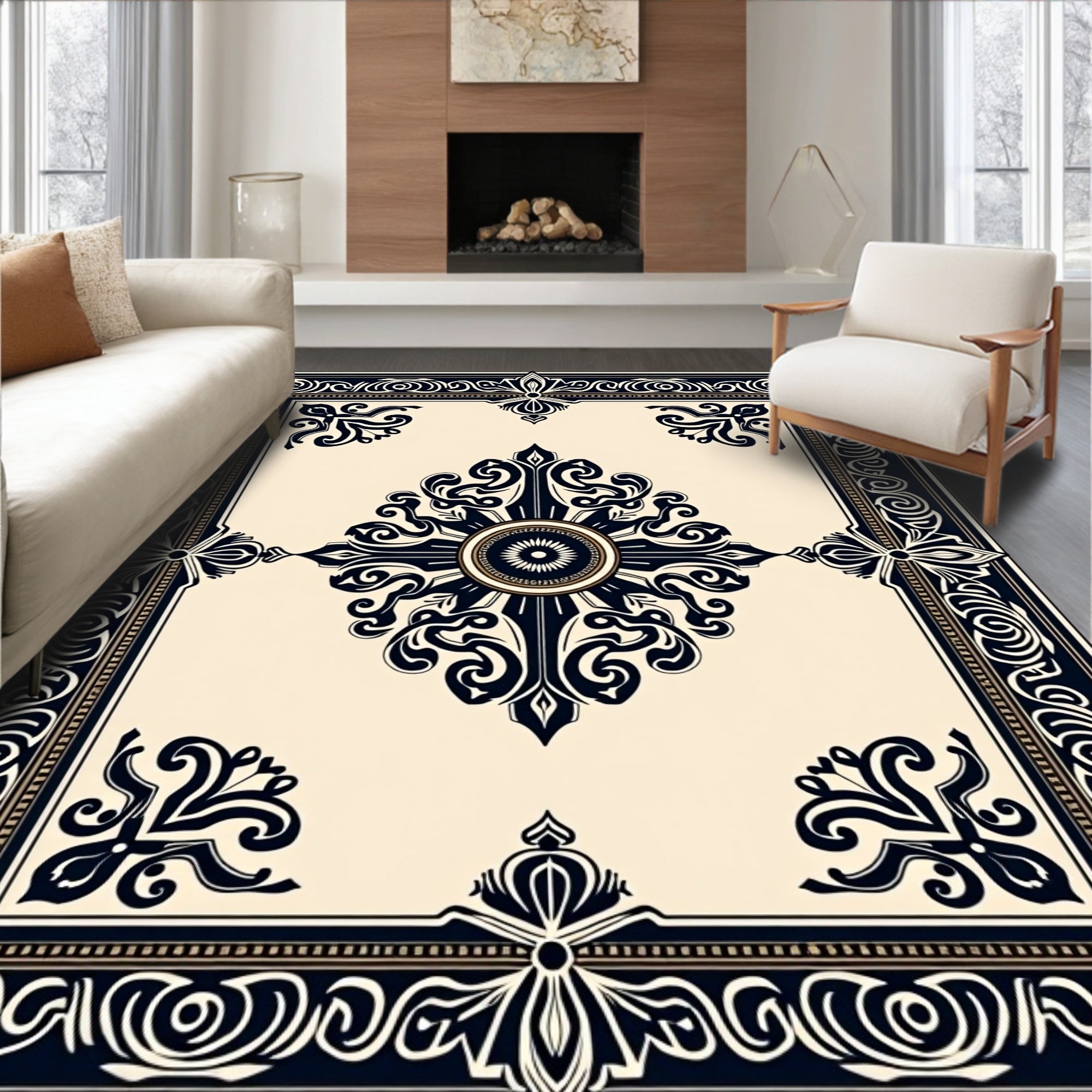 Classic Black Cream Medallion Border Rug