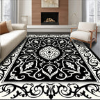 Intricate Black Ivory Floral Pattern Square Rug