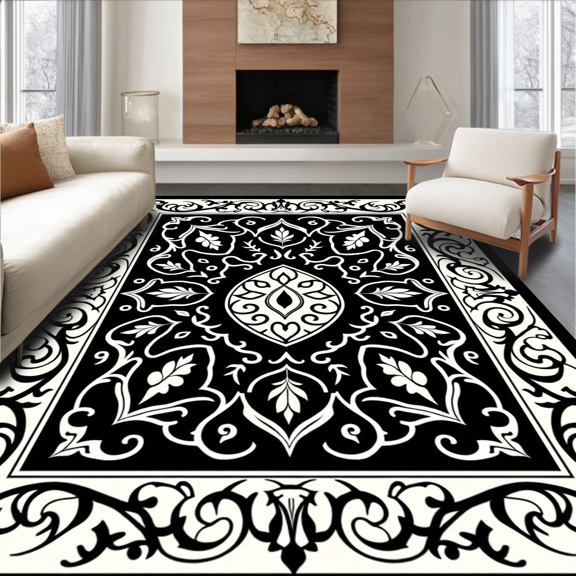 Intricate Black Ivory Floral Pattern Square Rug