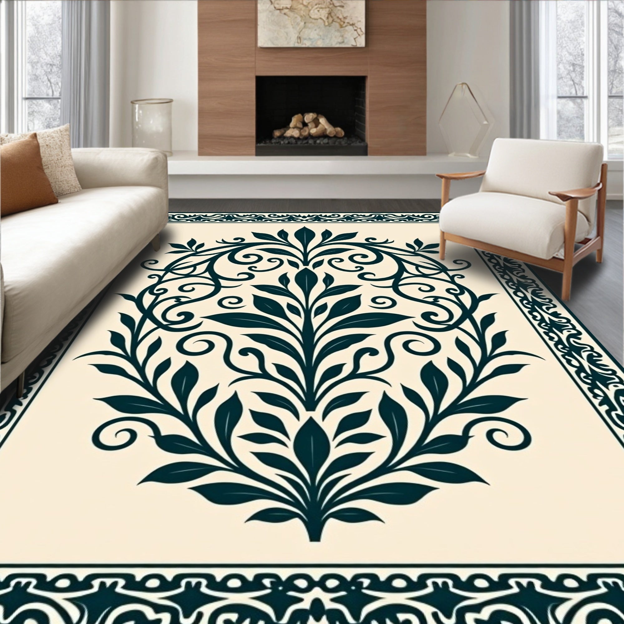 Classic Floral Scrollwork Border Design Rug