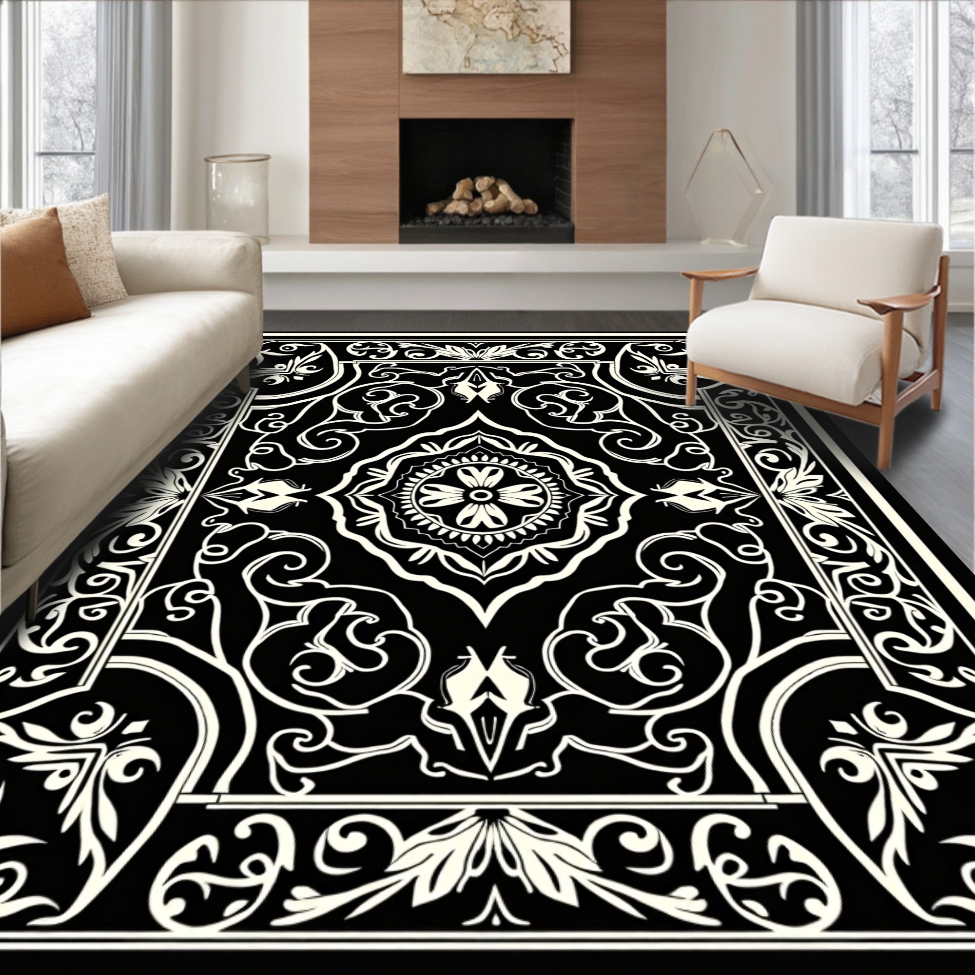 Black Ivory Ornate Floral Scroll Rug