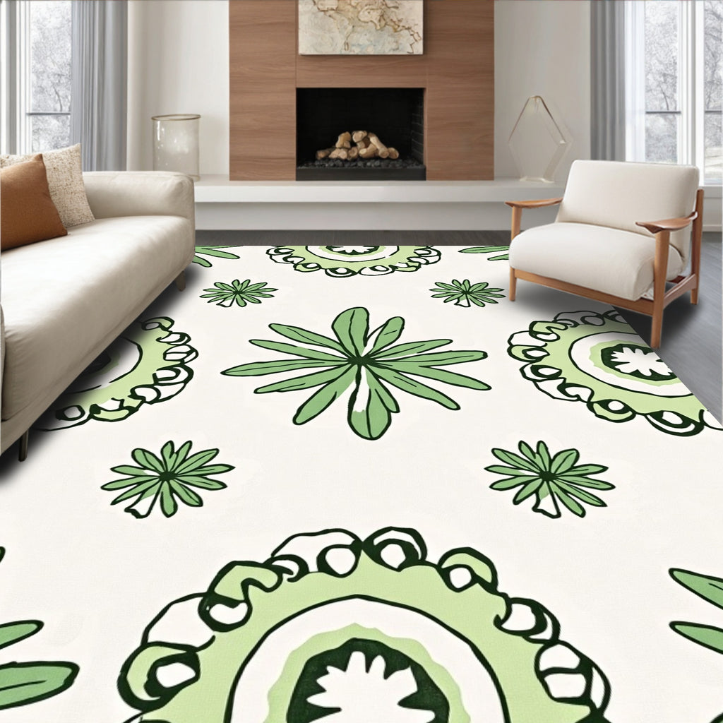 Fresh Green Floral Pattern Rug