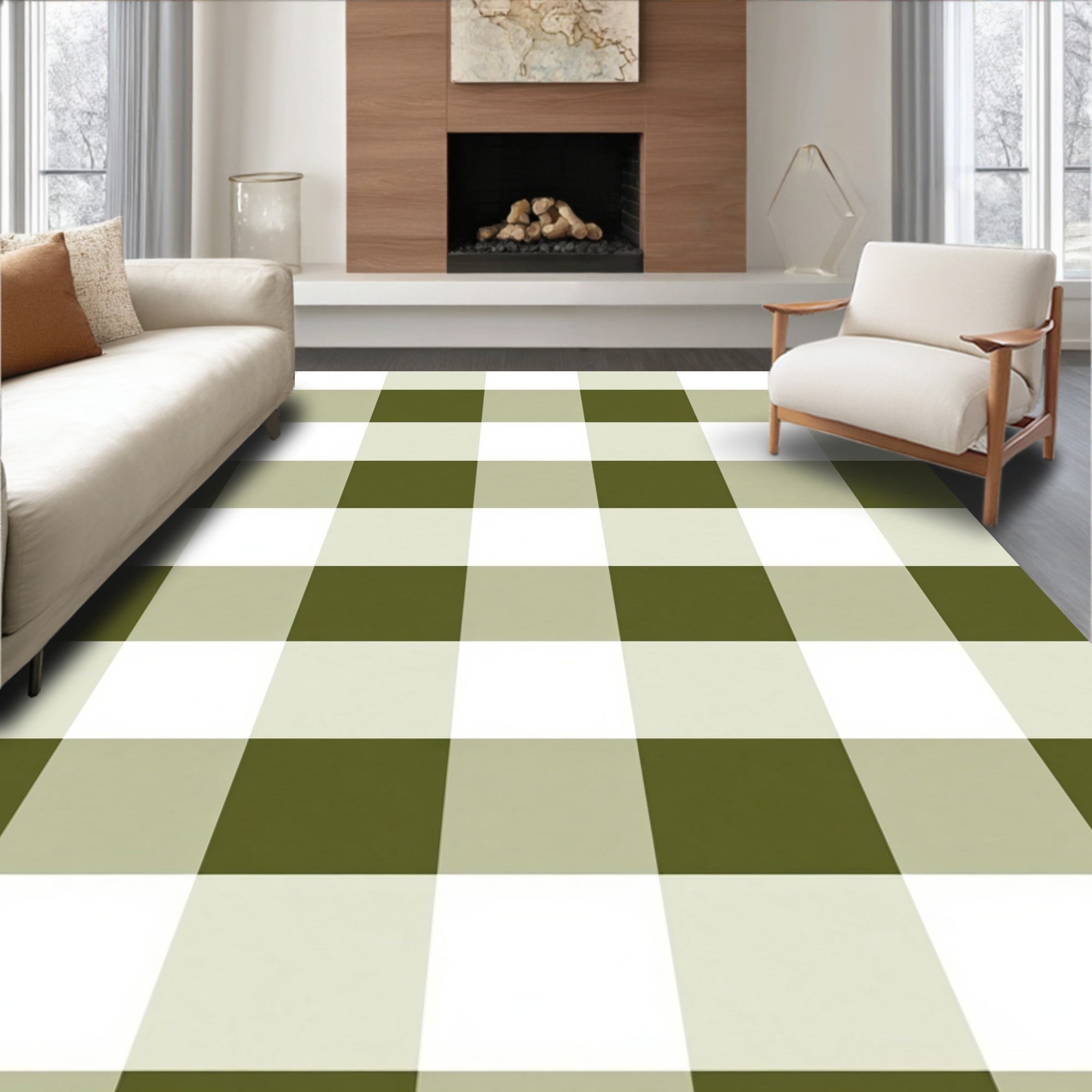 Olive Cream Buffalo Check Pattern Rug