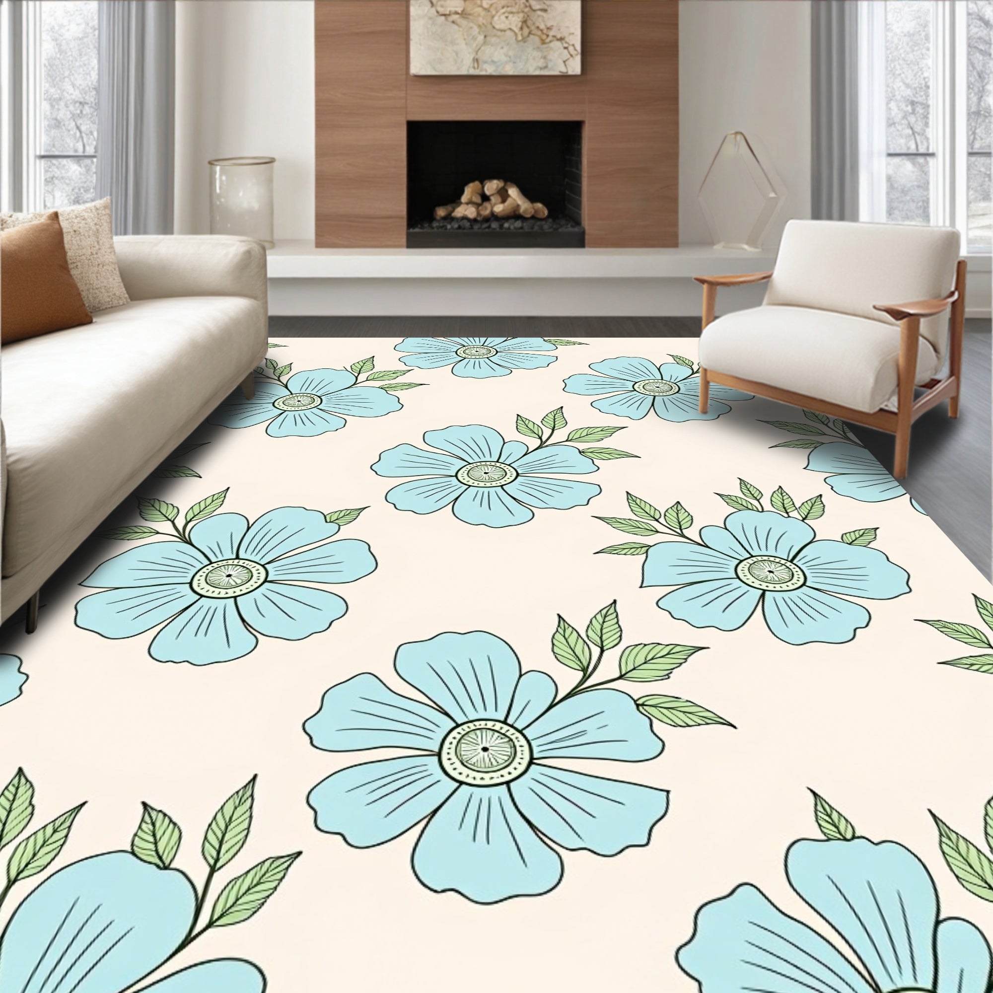 Light Blue Floral Outline Design Rug