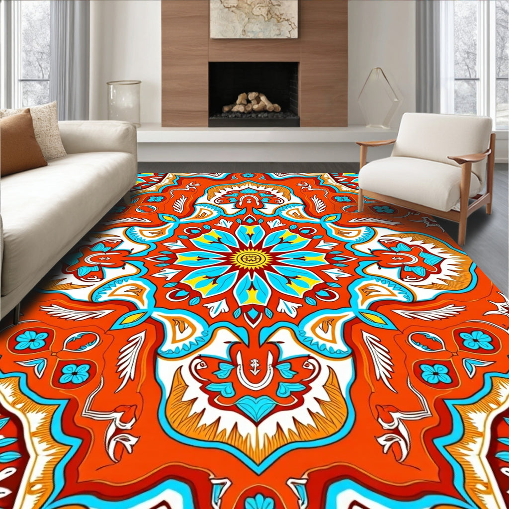 Vibrant Orange Blue Floral Mandala Design Rug