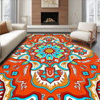Vibrant Orange Blue Floral Mandala Design Rug