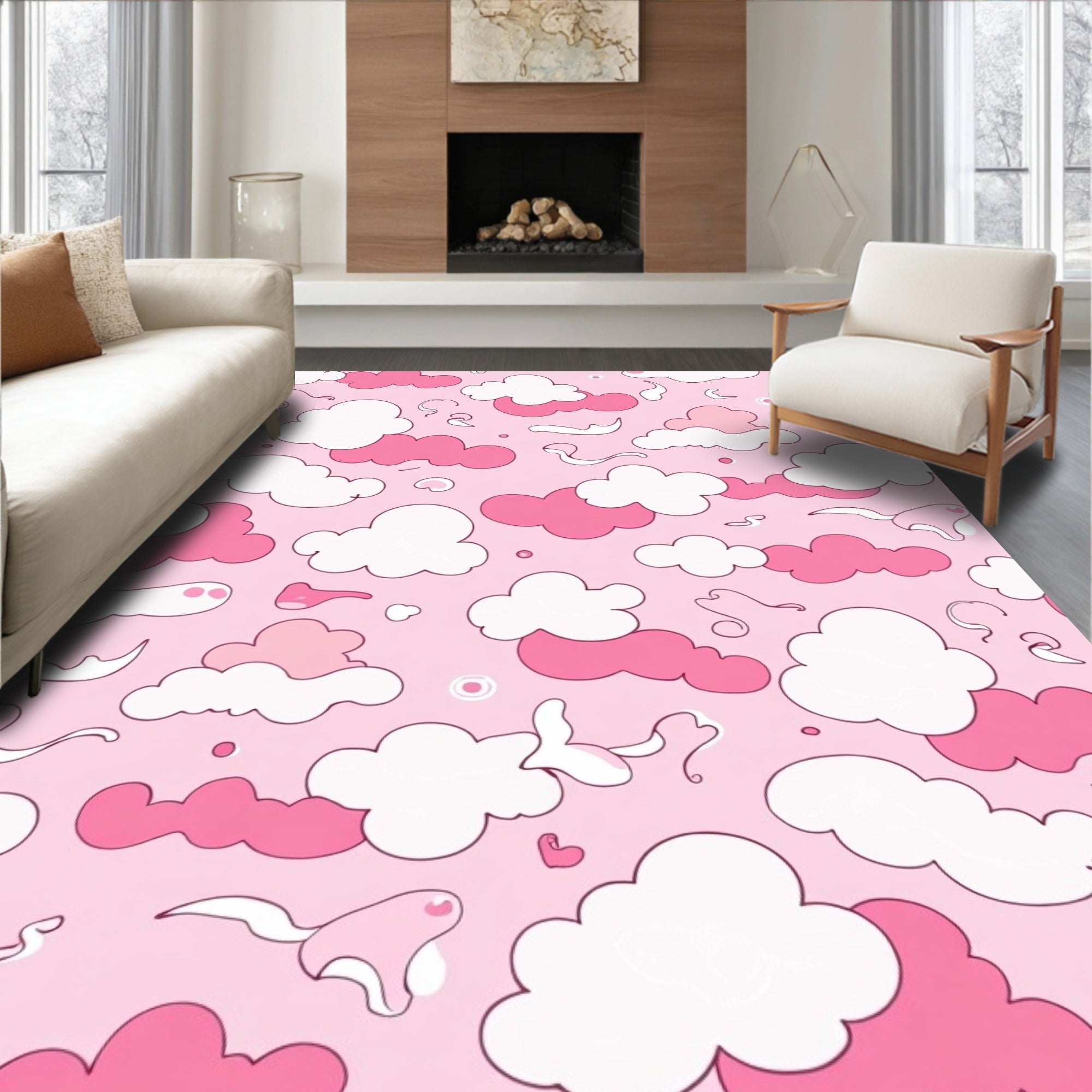 Pink and White Sky Clouds Pattern Rug