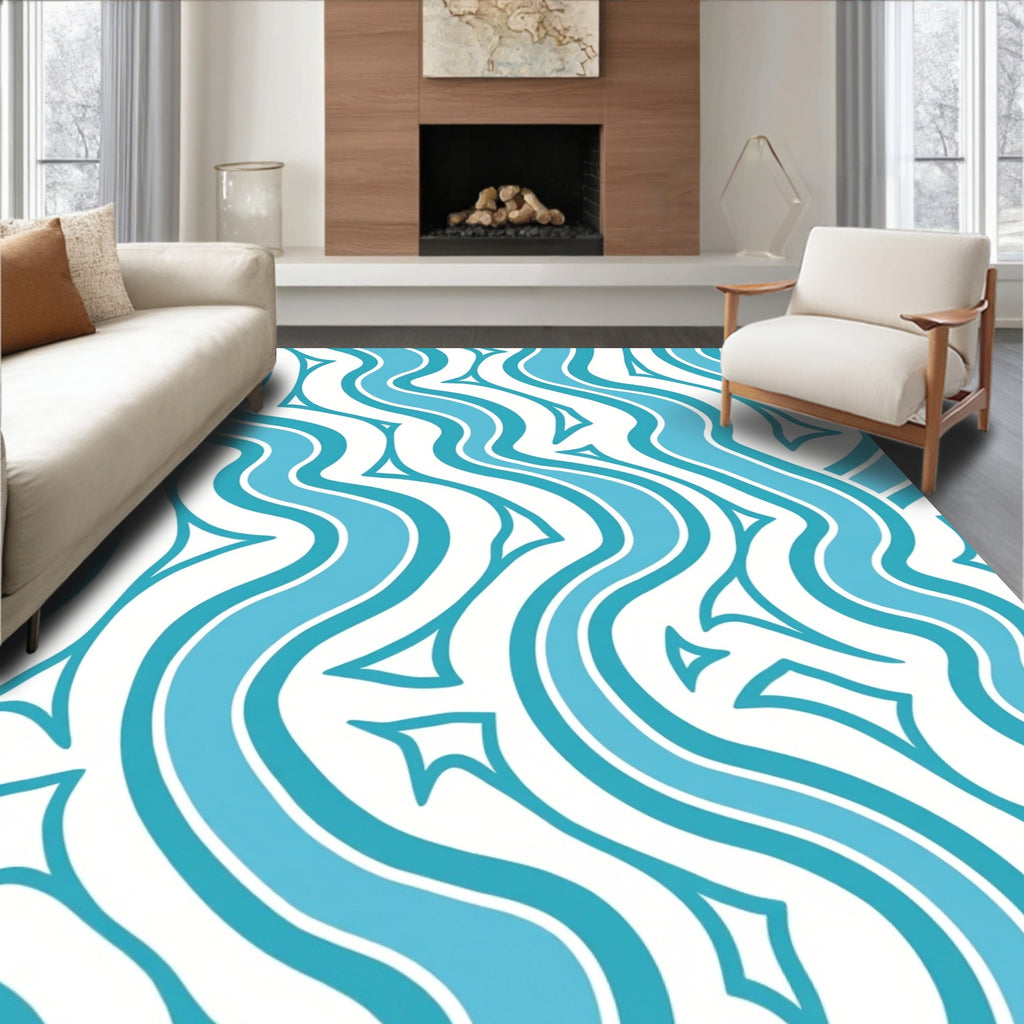 Abstract Wavy Aqua Lines Design Rug